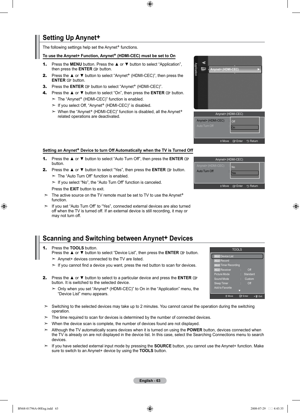 Setting up anynet, Scanning and switching between anynet+ devices | Samsung LN40A500T1FXZA User Manual | Page 65 / 85