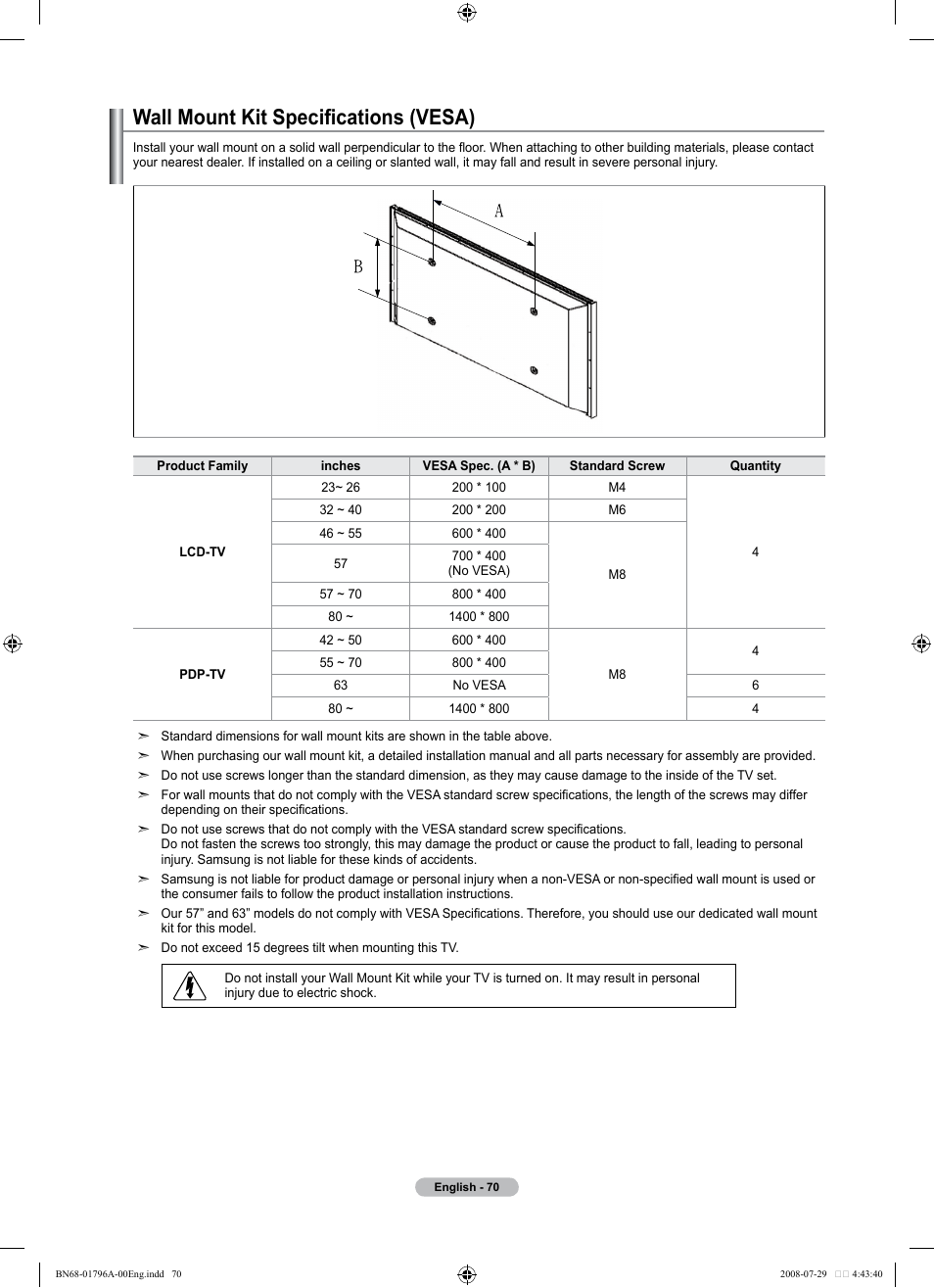 Wall mount kit specifications (vesa) | Samsung LN40A500T1FXZA User Manual | Page 72 / 85