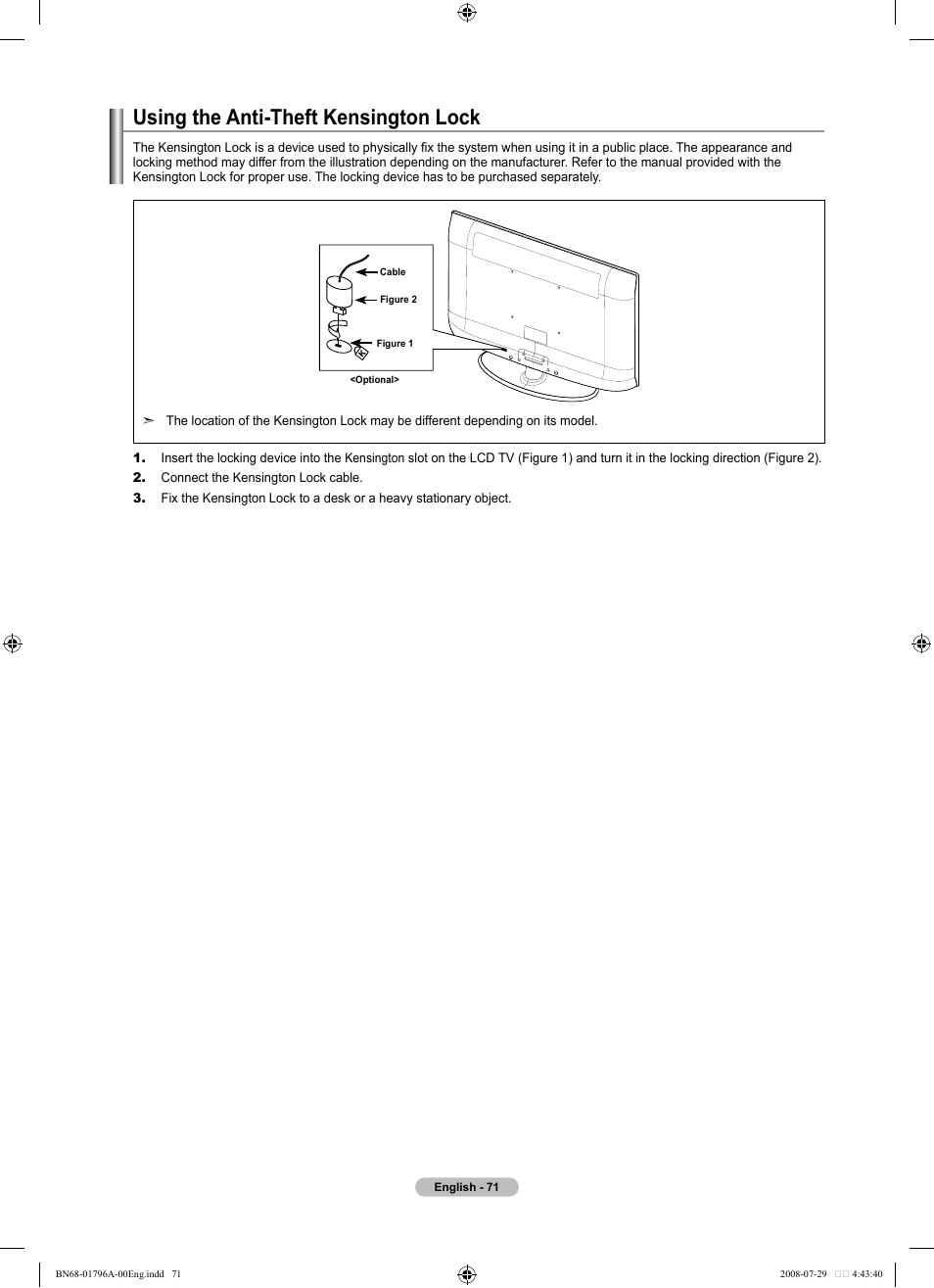 Using the anti-theft kensington lock | Samsung LN40A500T1FXZA User Manual | Page 73 / 85
