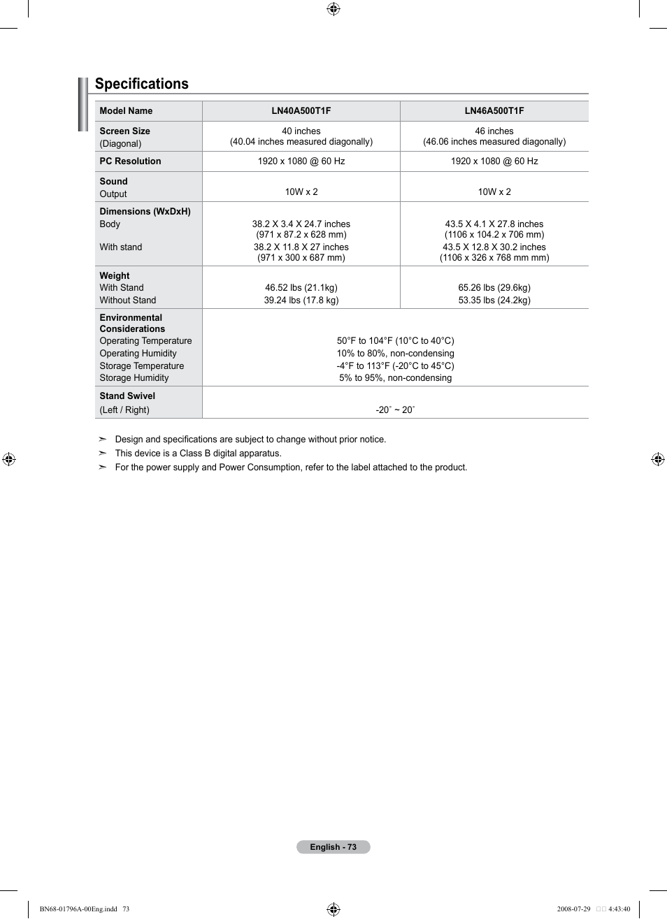 Specifications | Samsung LN40A500T1FXZA User Manual | Page 75 / 85