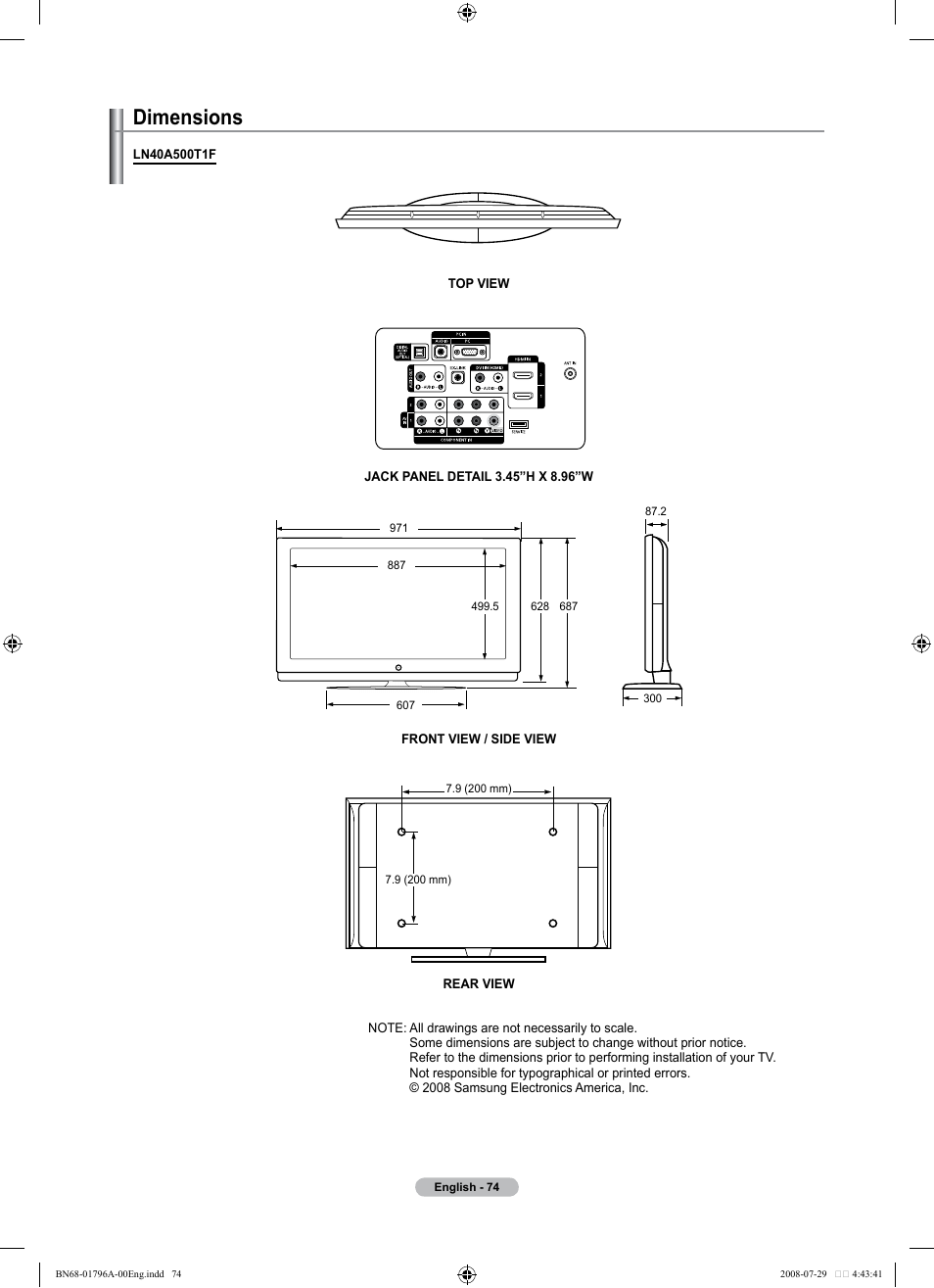 Dimensions | Samsung LN40A500T1FXZA User Manual | Page 76 / 85