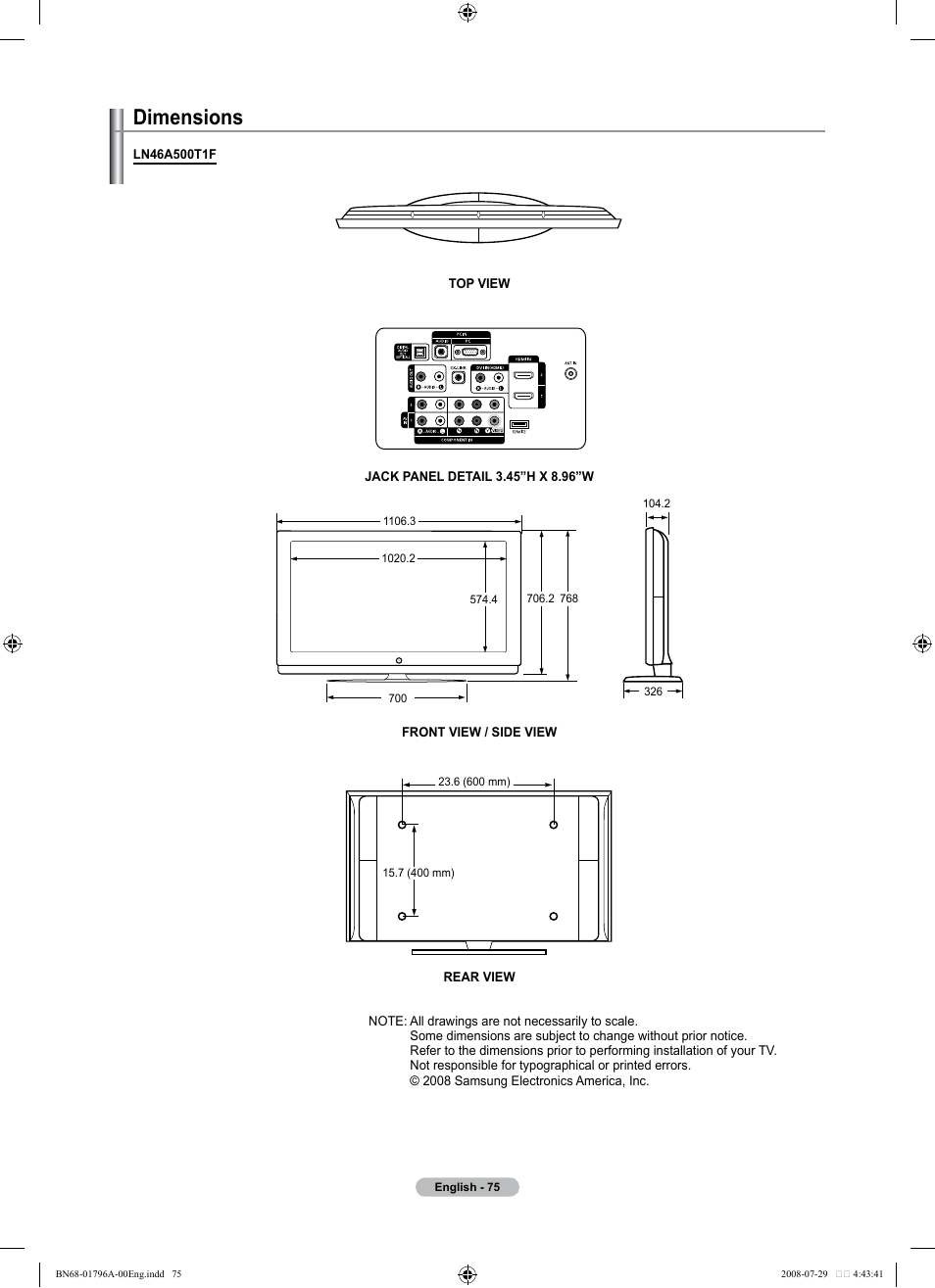 Dimensions | Samsung LN40A500T1FXZA User Manual | Page 77 / 85