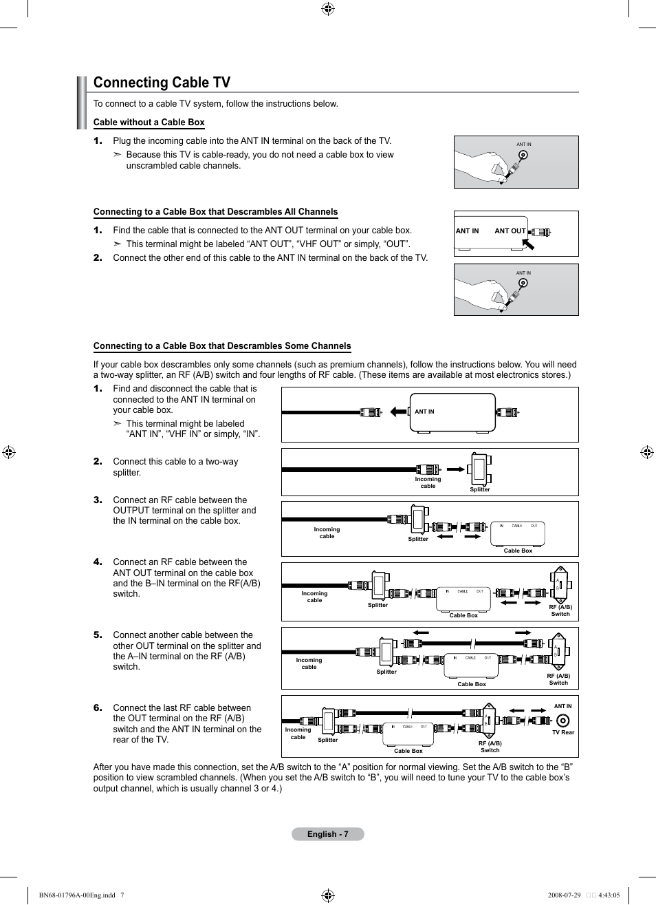 Connecting cable tv | Samsung LN40A500T1FXZA User Manual | Page 9 / 85
