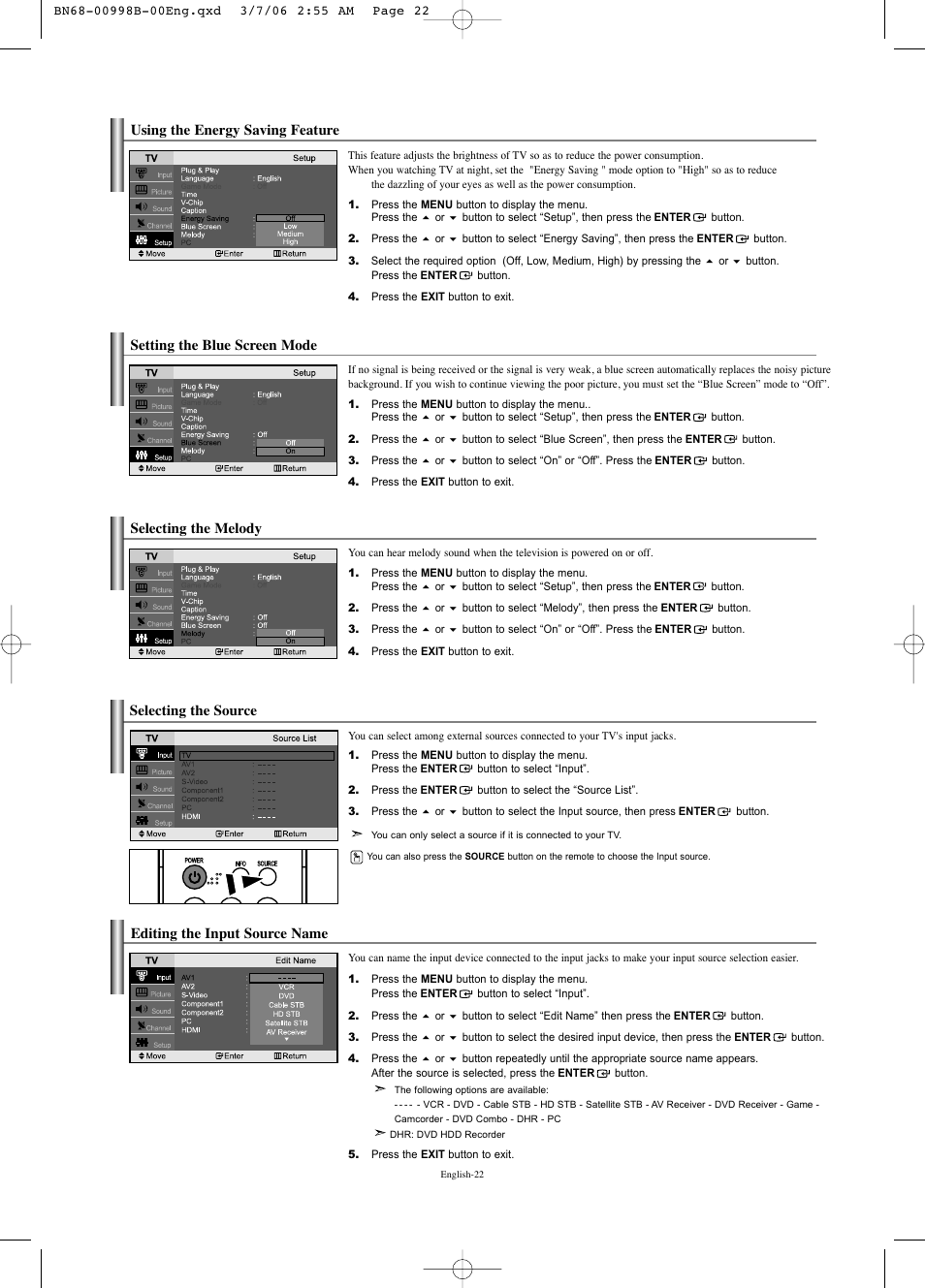 Using the energy saving feature, Setting the blue screen mode, Selecting the melody | Selecting the source, Editing the input source name | Samsung LNS2352WX-XAA User Manual | Page 24 / 77