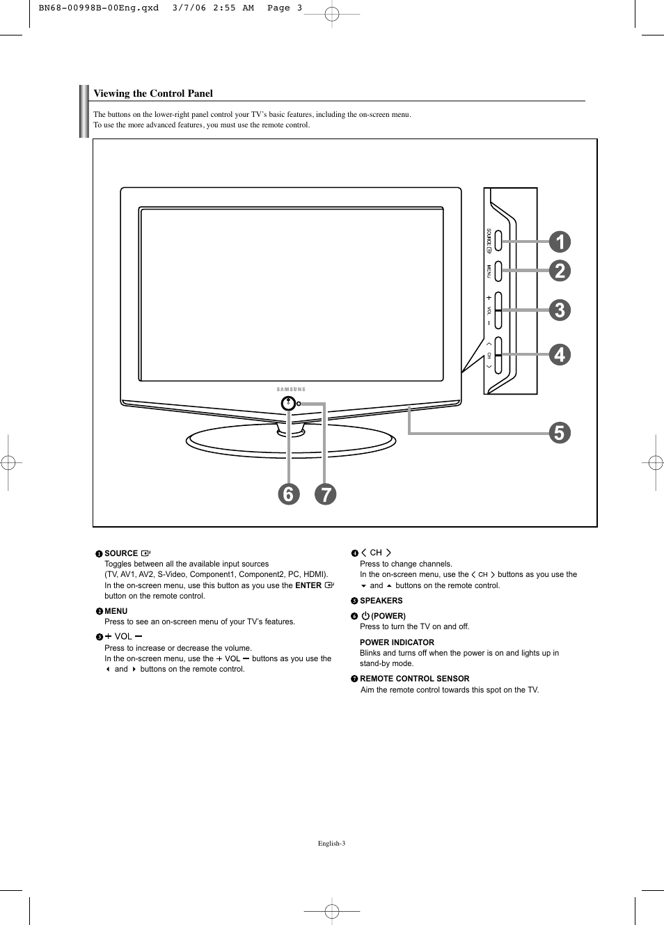 Viewing the control panel | Samsung LNS2352WX-XAA User Manual | Page 5 / 77