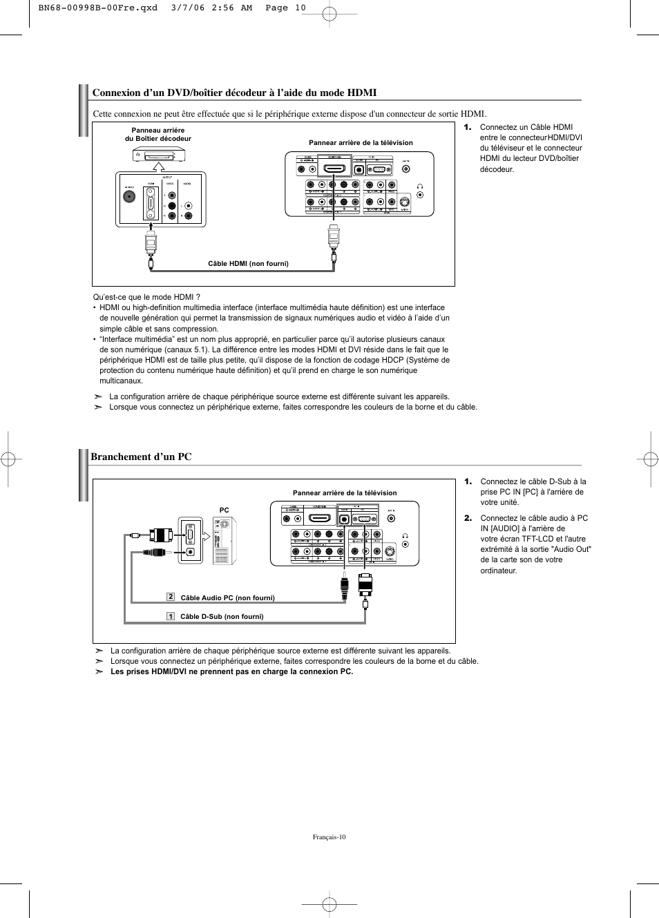 Branchement d’un pc | Samsung LNS2352WX-XAA User Manual | Page 62 / 77