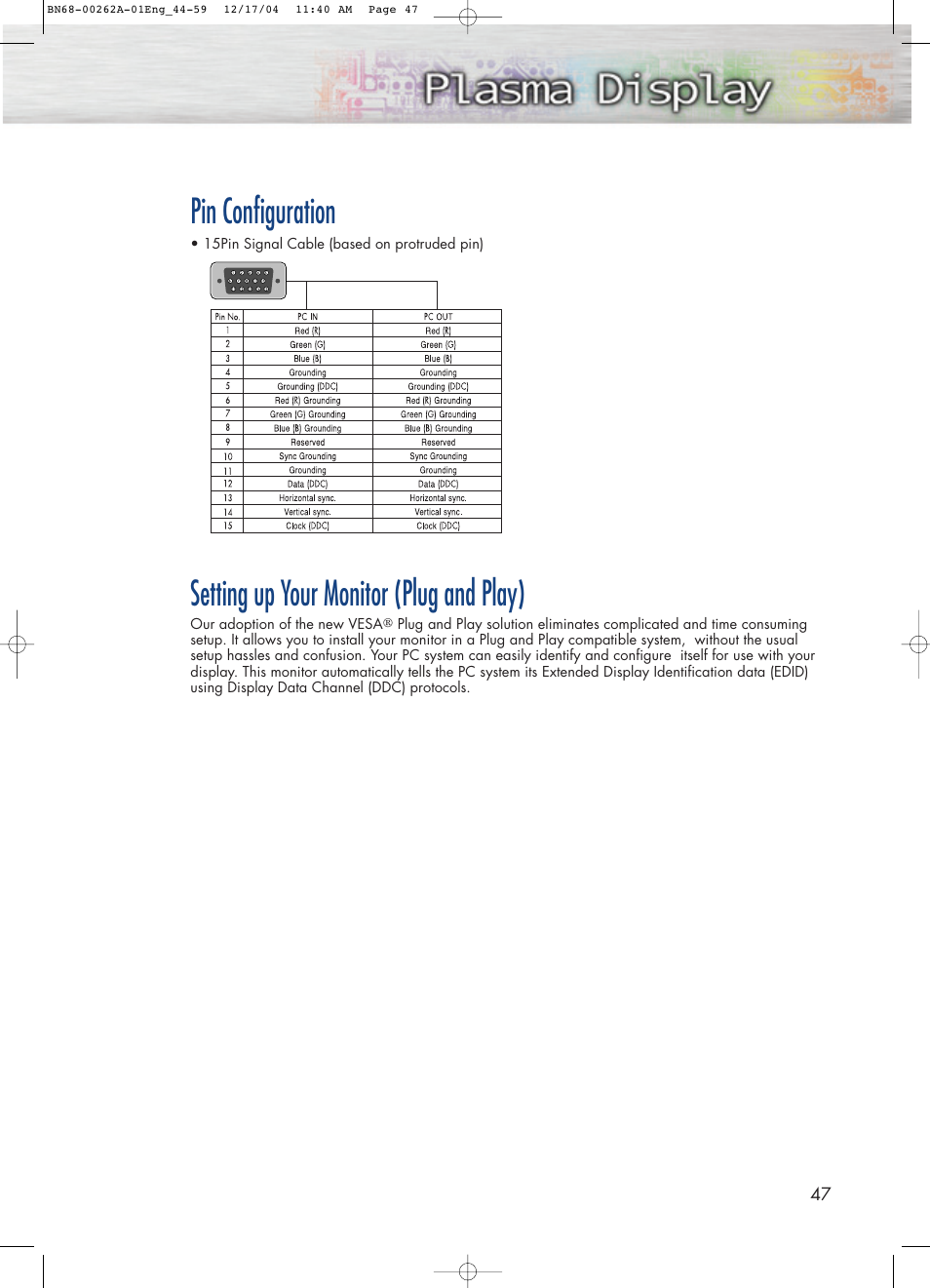 Pin configuration, Setting up your monitor (plug and play) | Samsung SPL4225DX-XAC User Manual | Page 47 / 72