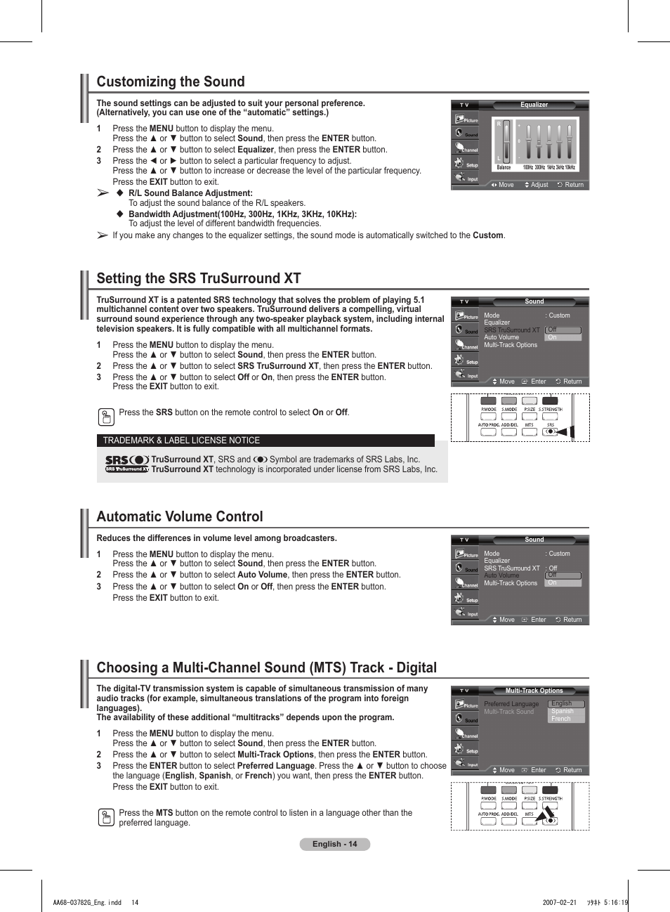 Customizing the sound, Setting the srs trusurround xt, Automatic volume control | Samsung TXT2793HX-XAA User Manual | Page 15 / 36