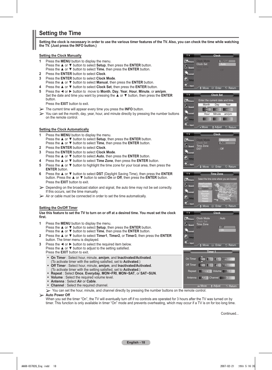 Setting the time | Samsung TXT2793HX-XAA User Manual | Page 19 / 36