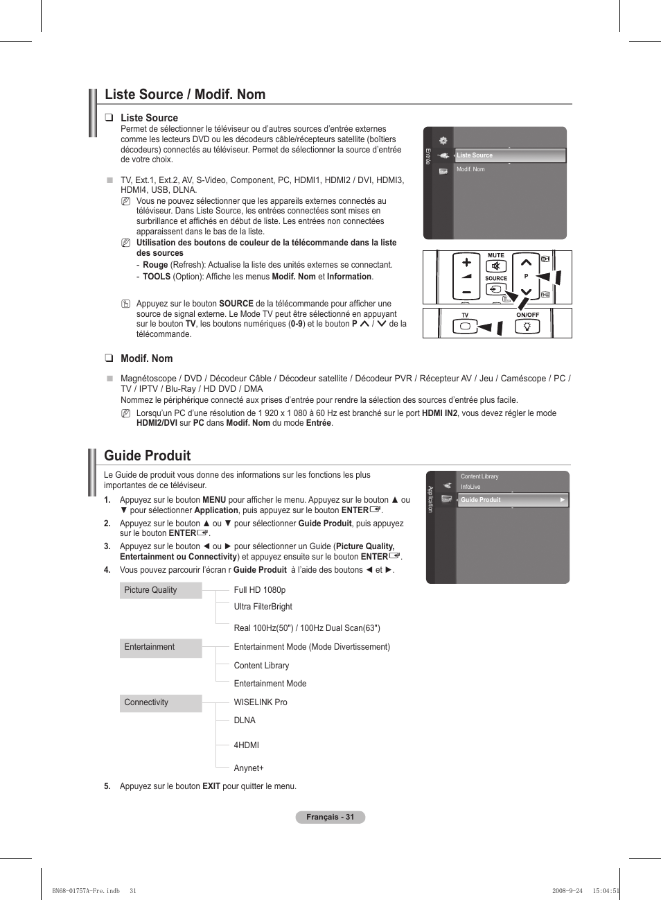 Liste source / modif. nom, Guide produit | Samsung PS63A756T1MXXC User Manual | Page 102 / 337