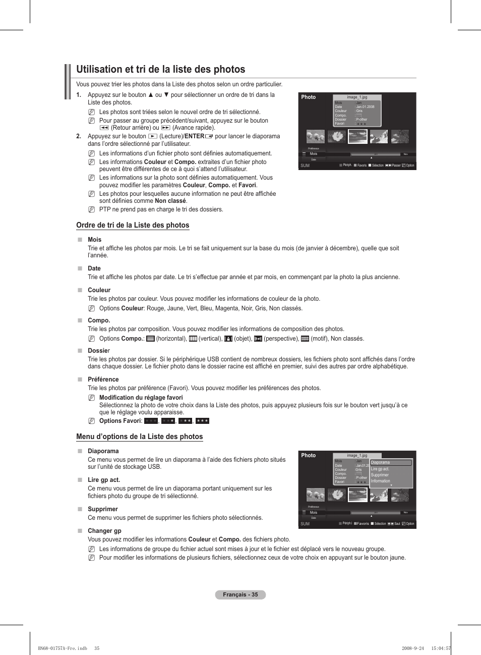 Utilisation et tri de la liste des photos, Ordre de tri de la liste des photos, Menu d’options de la liste des photos | Samsung PS63A756T1MXXC User Manual | Page 106 / 337