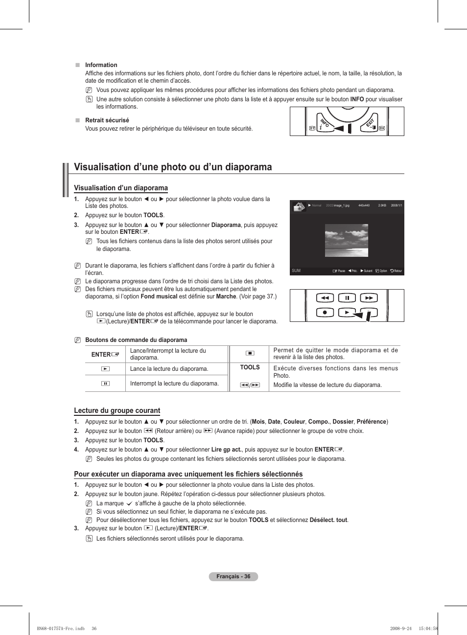 Visualisation d’une photo ou d’un diaporama, Visualisation d’un diaporama, Lecture du groupe courant | Samsung PS63A756T1MXXC User Manual | Page 107 / 337