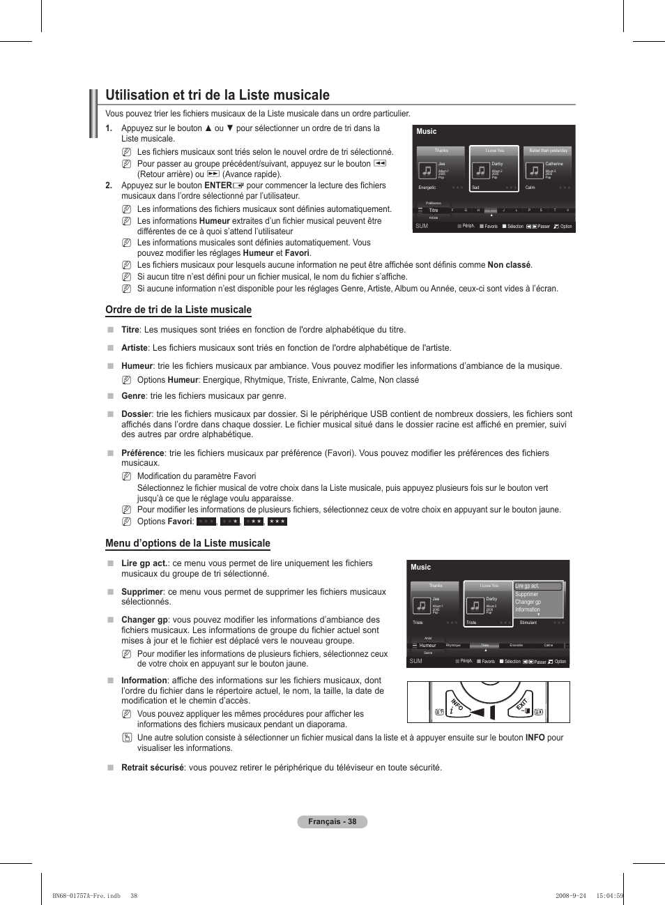 Utilisation et tri de la liste musicale, Ordre de tri de la liste musicale, Menu d’options de la liste musicale | Retour arrière) ou, Avance rapide). . appuyez sur le bouton enter, Nn n | Samsung PS63A756T1MXXC User Manual | Page 109 / 337