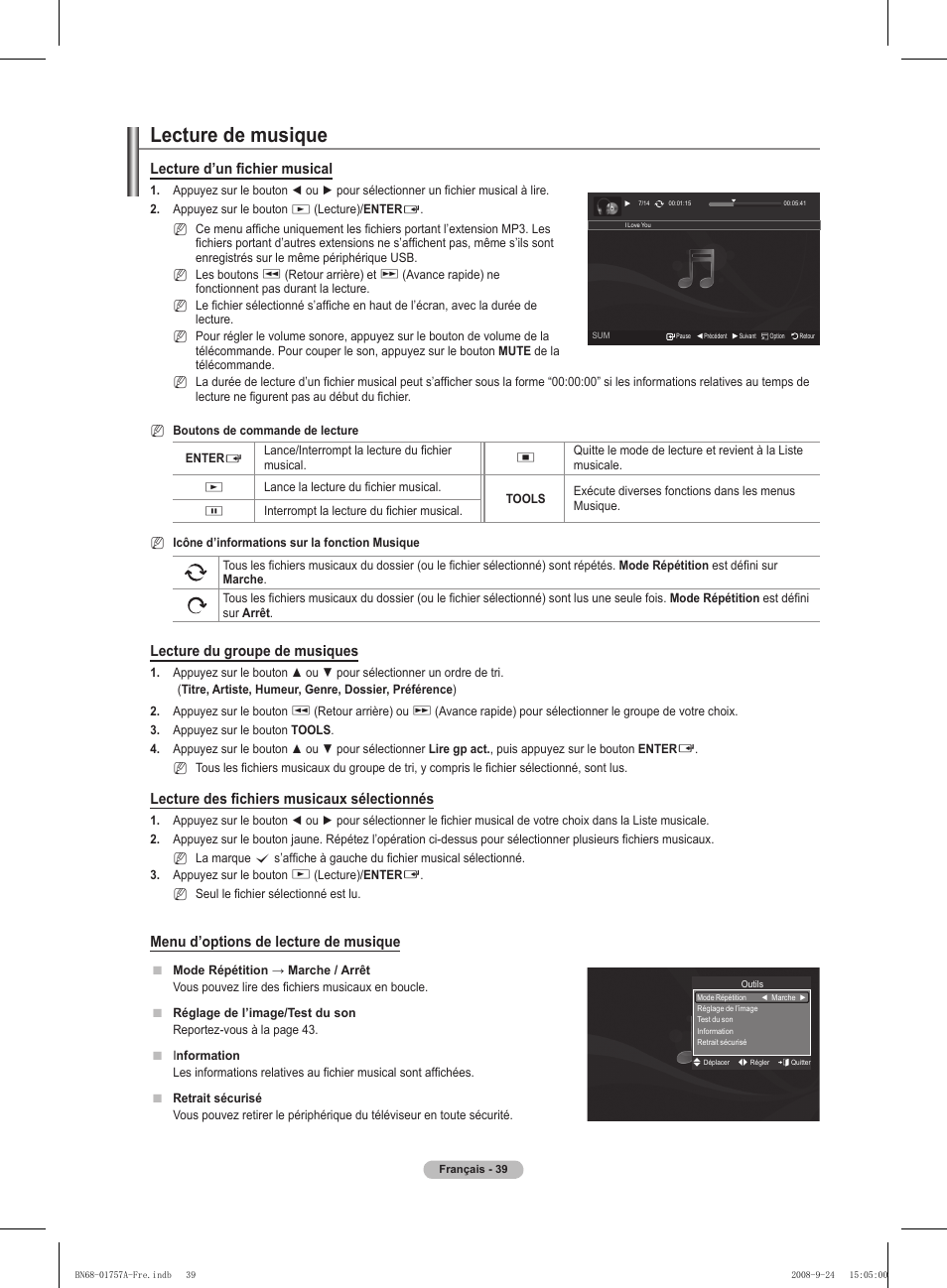 Lecture de musique, Lecture d’un fichier musical, Lecture du groupe de musiques | Lecture des fichiers musicaux sélectionnés, Menu d’options de lecture de musique | Samsung PS63A756T1MXXC User Manual | Page 110 / 337
