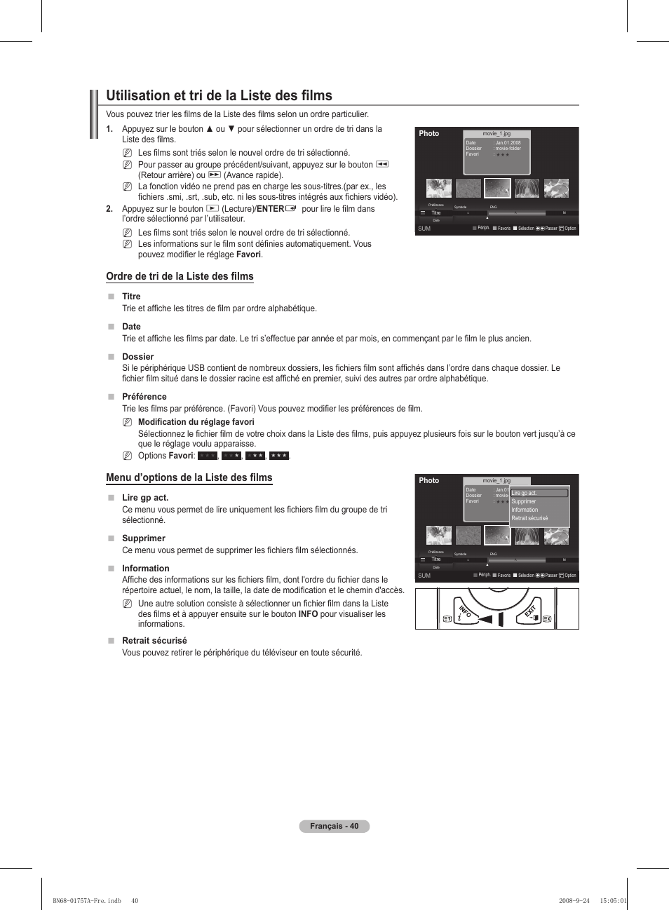 Utilisation et tri de la liste des films, Ordre de tri de la liste des films, Menu d’options de la liste des films | Samsung PS63A756T1MXXC User Manual | Page 111 / 337