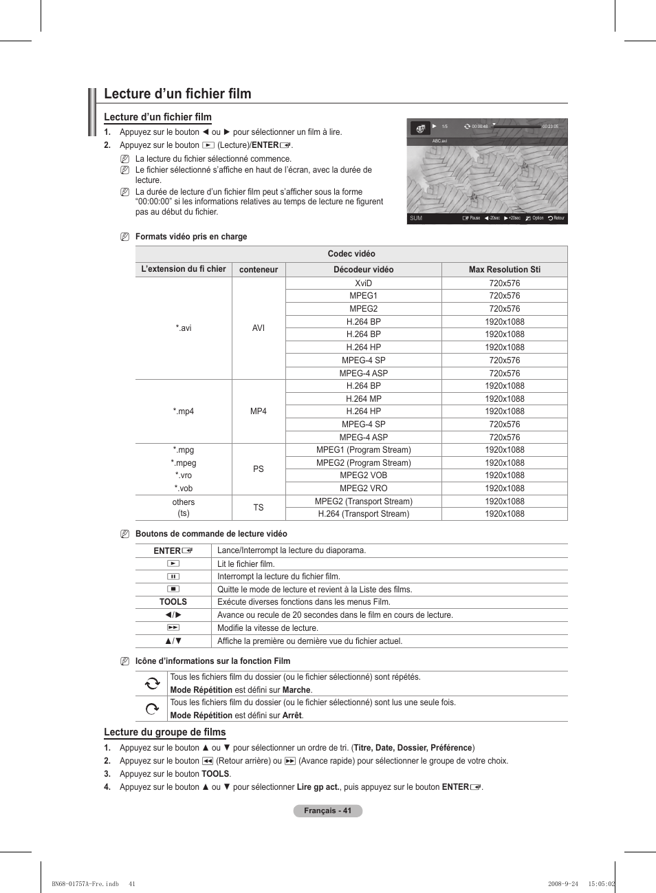 Lecture d’un fi chier fi lm, Lecture du groupe de fi lms | Samsung PS63A756T1MXXC User Manual | Page 112 / 337