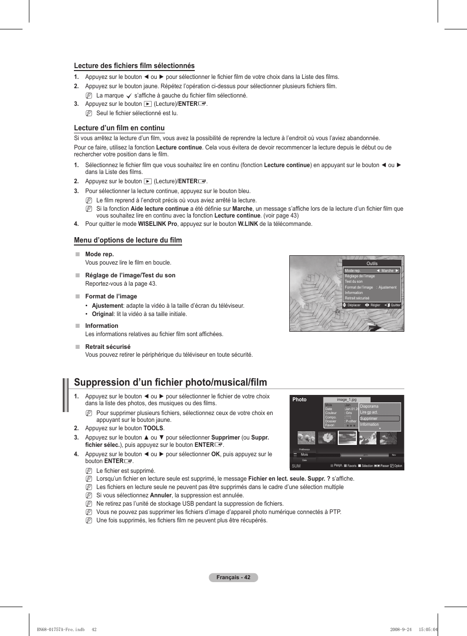 Suppression d’un fichier photo/musical/film, Lecture des fichiers film sélectionnés, Lecture d’un film en continu | Menu d’options de lecture du film | Samsung PS63A756T1MXXC User Manual | Page 113 / 337