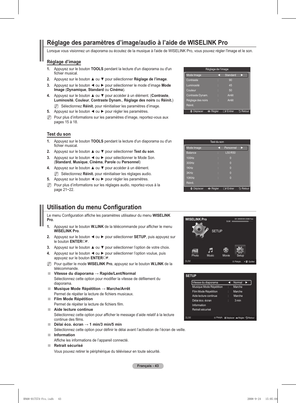 Utilisation du menu configuration, Réglage d’image, Test du son | Samsung PS63A756T1MXXC User Manual | Page 114 / 337