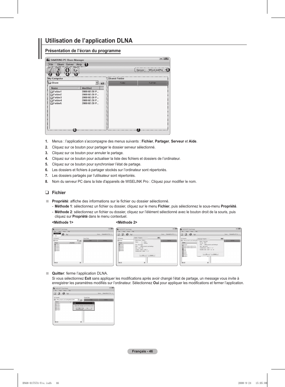 Utilisation de l’application dlna, Présentation de l’écran du programme, Fichier | Samsung PS63A756T1MXXC User Manual | Page 117 / 337