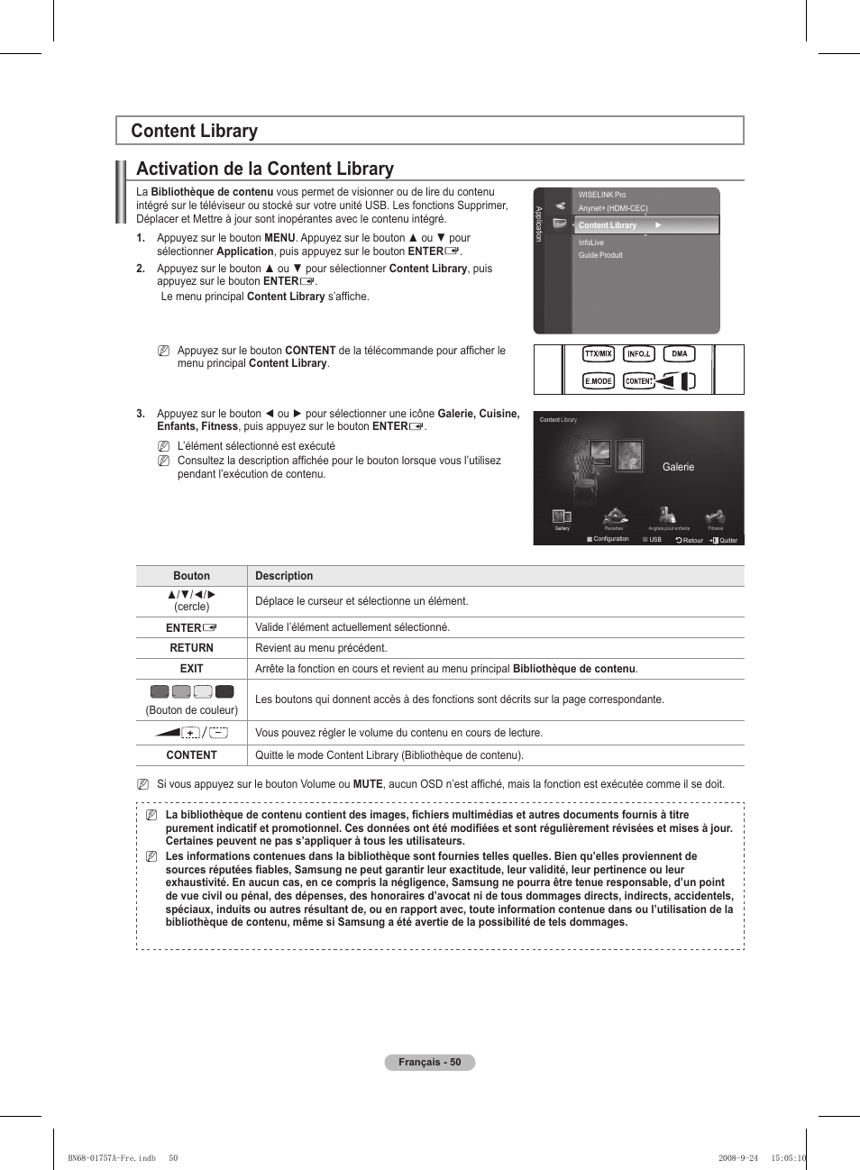 Activation de la content library, Content library | Samsung PS63A756T1MXXC User Manual | Page 121 / 337