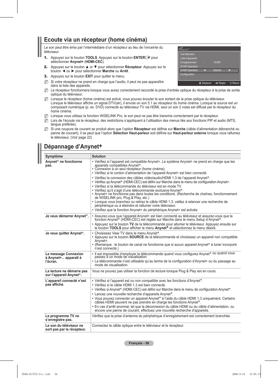 Ecoute via un récepteur (home cinéma), Dépannage d’anynet | Samsung PS63A756T1MXXC User Manual | Page 127 / 337