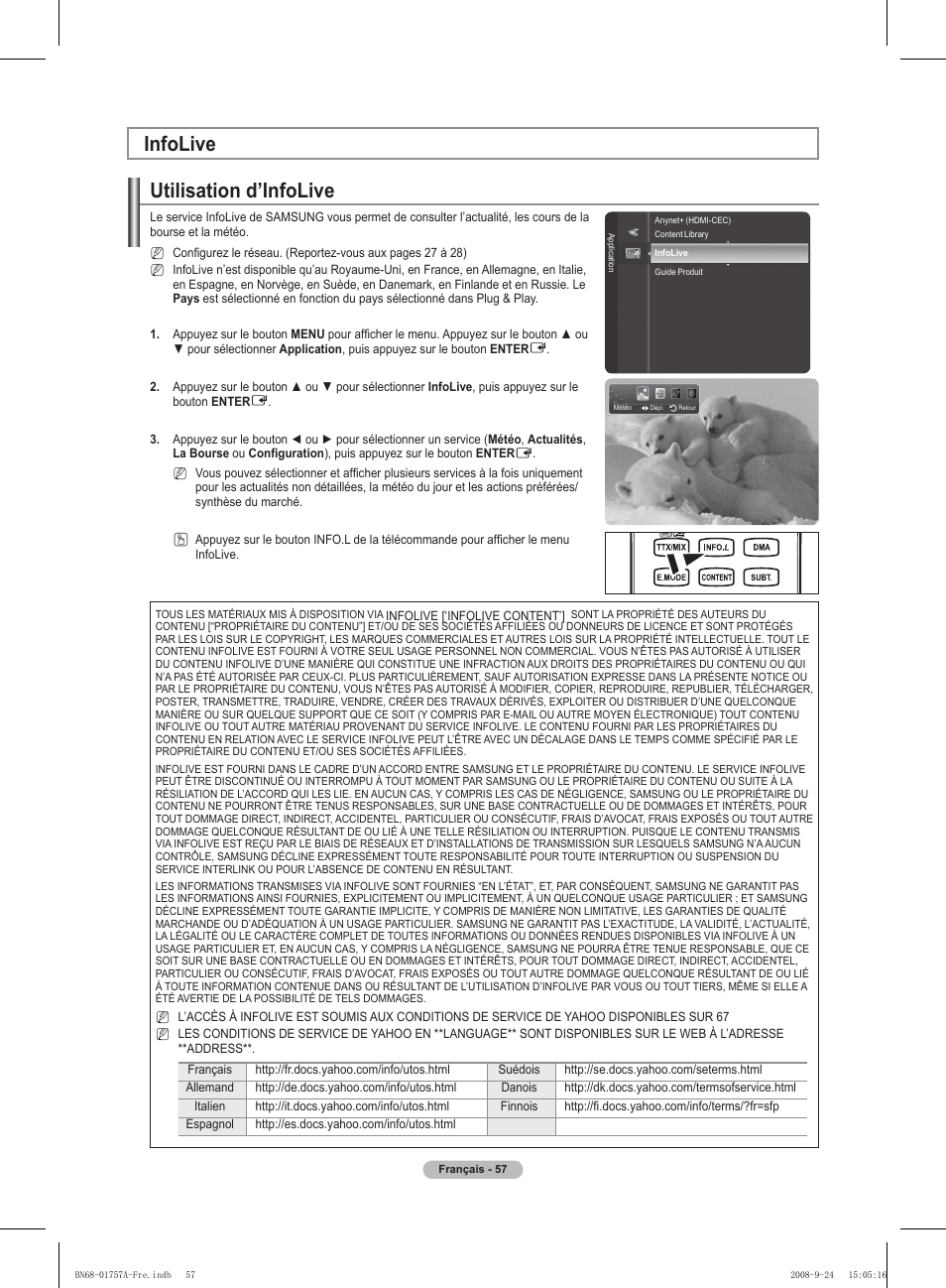Utilisation d’infolive, Infolive | Samsung PS63A756T1MXXC User Manual | Page 128 / 337