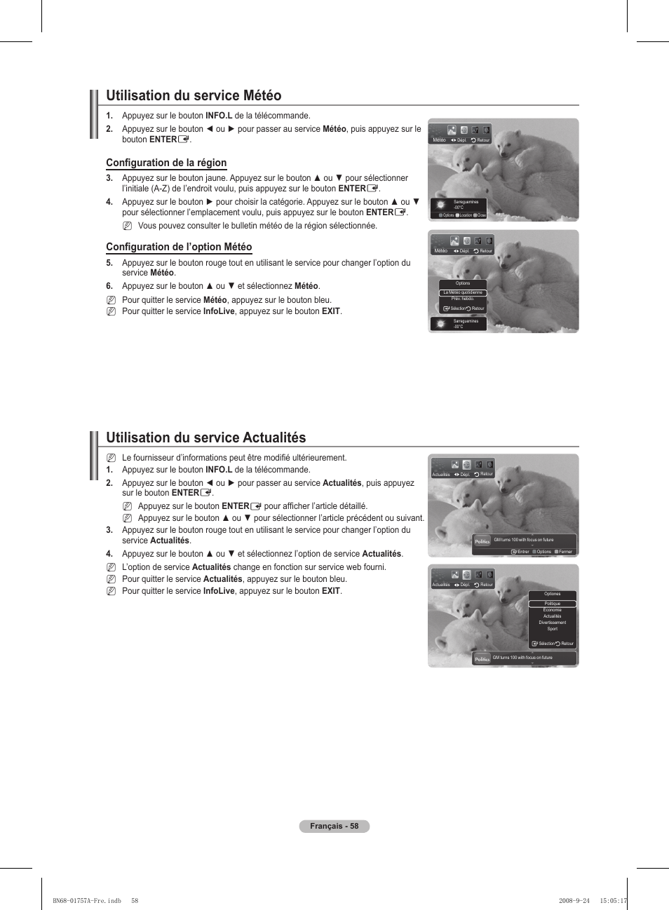 Utilisation du service météo, Utilisation du service actualités, Configuration de la région | Configuration de l’option météo | Samsung PS63A756T1MXXC User Manual | Page 129 / 337
