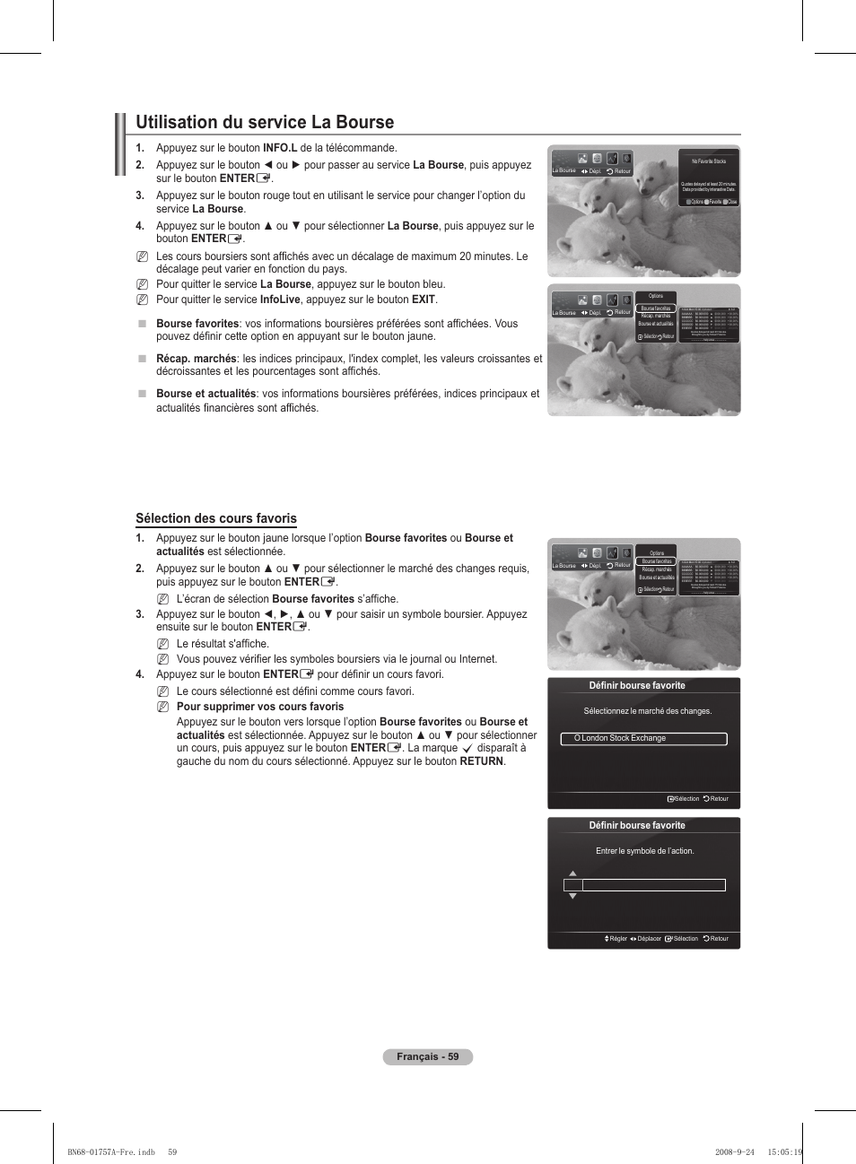 Utilisation du service la bourse, Sélection des cours favoris, Nn n n n | Samsung PS63A756T1MXXC User Manual | Page 130 / 337