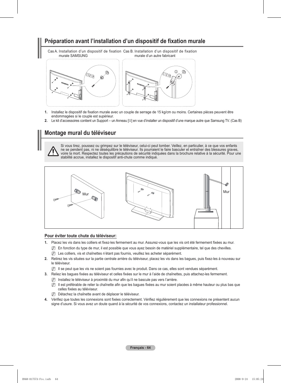 경고 주의 경고 주의, Montage mural du téléviseur | Samsung PS63A756T1MXXC User Manual | Page 135 / 337