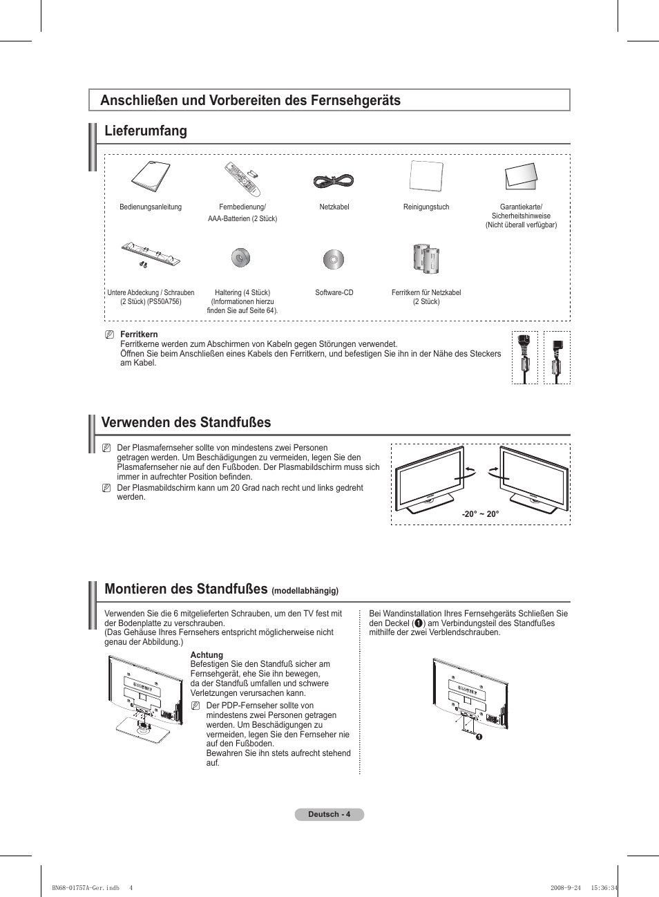Lieferumfang, Verwenden des standfußes, Montieren des standfußes | Anschließen und vorbereiten des fernsehgeräts | Samsung PS63A756T1MXXC User Manual | Page 141 / 337