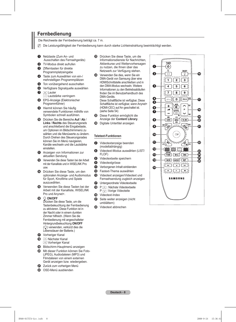 Fernbedienung | Samsung PS63A756T1MXXC User Manual | Page 145 / 337