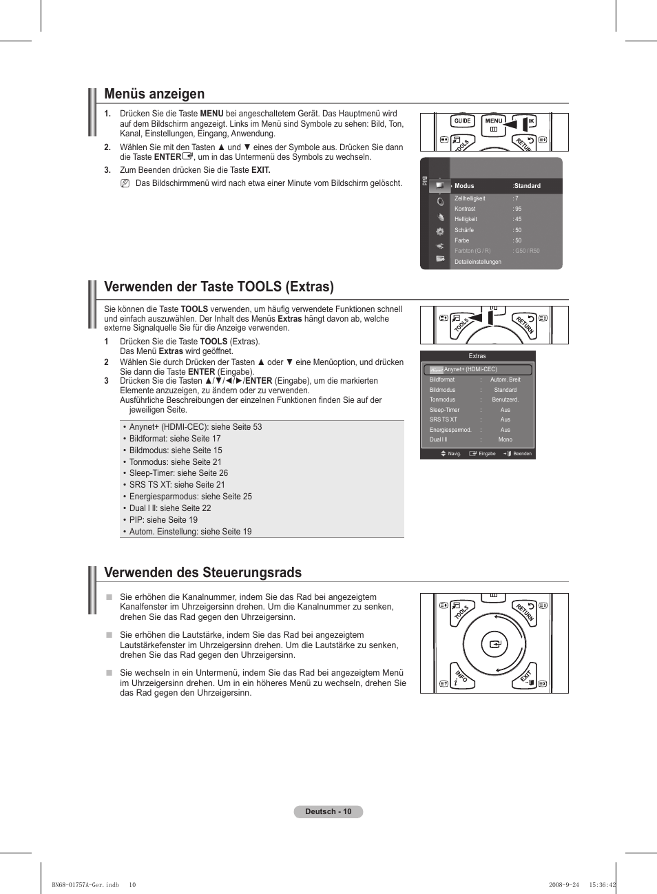 Menüs anzeigen, Verwenden der taste tools (extras), Verwenden des steuerungsrads | Samsung PS63A756T1MXXC User Manual | Page 147 / 337