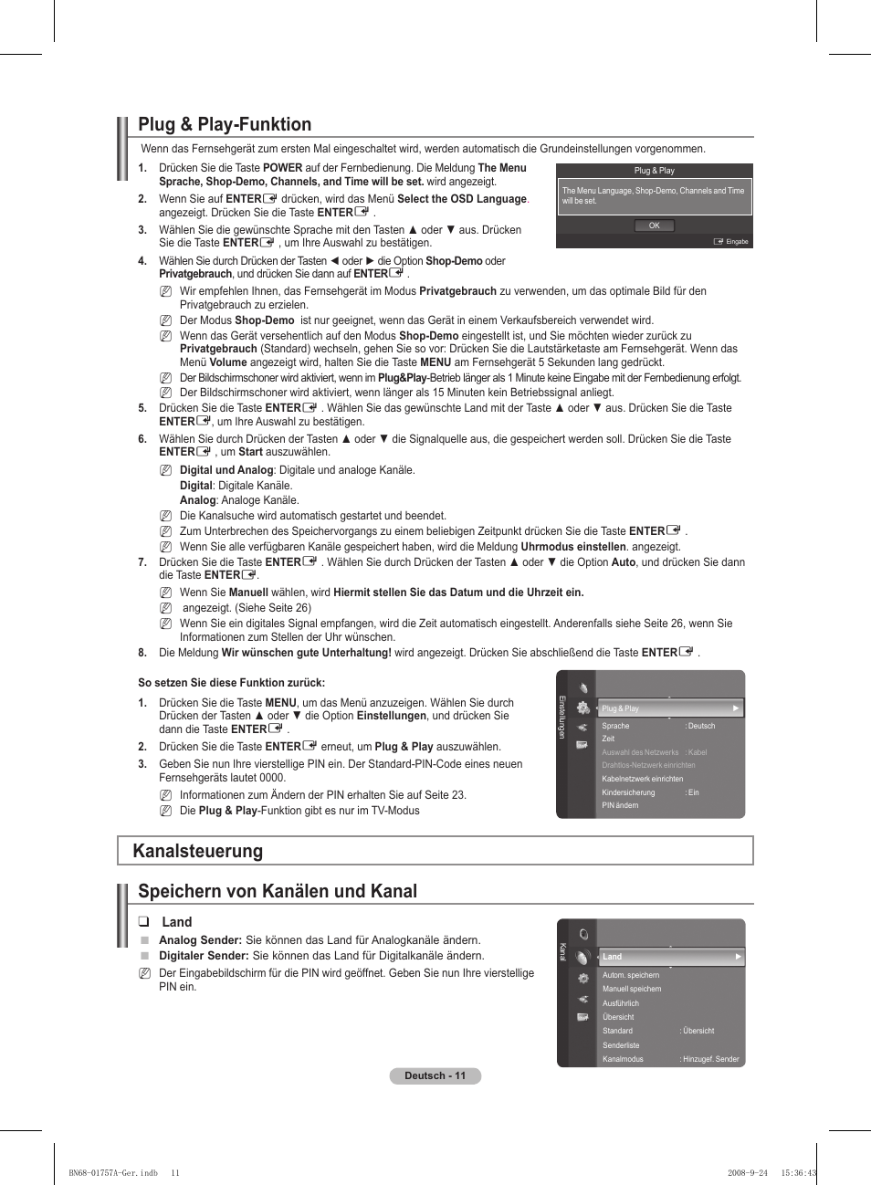 Plug & play-funktion, Kanalsteuerung speichern von kanälen und kanal, Land | Samsung PS63A756T1MXXC User Manual | Page 148 / 337