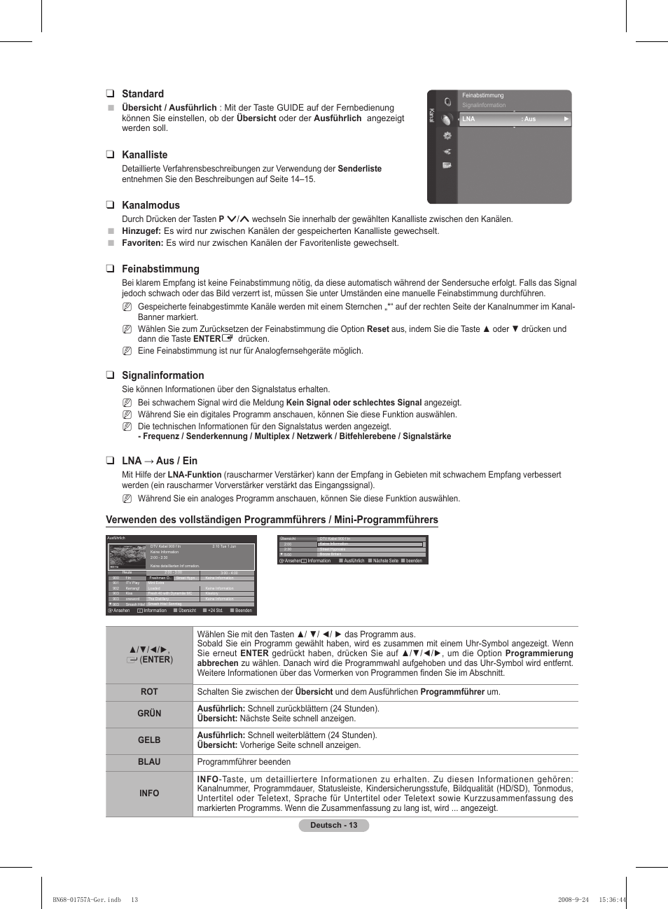 Standard, Kanalliste, Kanalmodus | Feinabstimmung, Signalinformation, Lna → aus / ein | Samsung PS63A756T1MXXC User Manual | Page 150 / 337