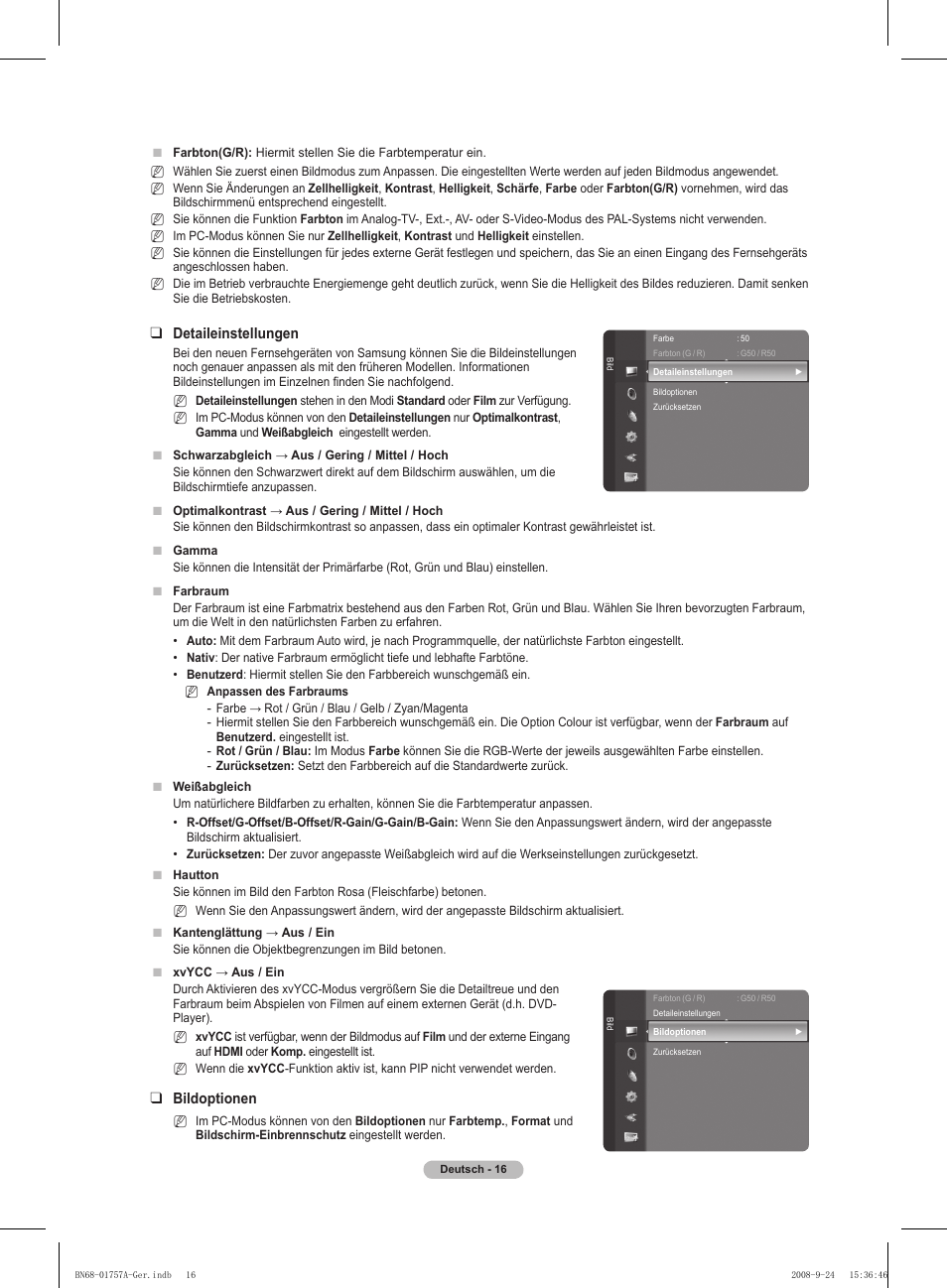 Detaileinstellungen, Bildoptionen | Samsung PS63A756T1MXXC User Manual | Page 153 / 337