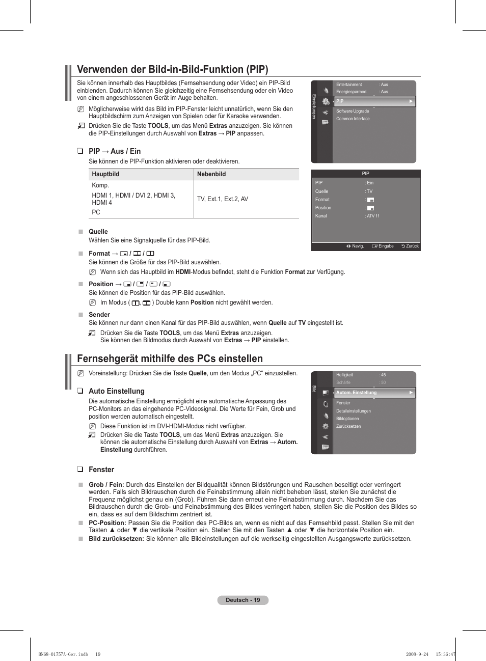 Verwenden der bild-in-bild-funktion (pip), Fernsehgerät mithilfe des pcs einstellen, Pip → aus / ein | Auto einstellung, Fenster | Samsung PS63A756T1MXXC User Manual | Page 156 / 337