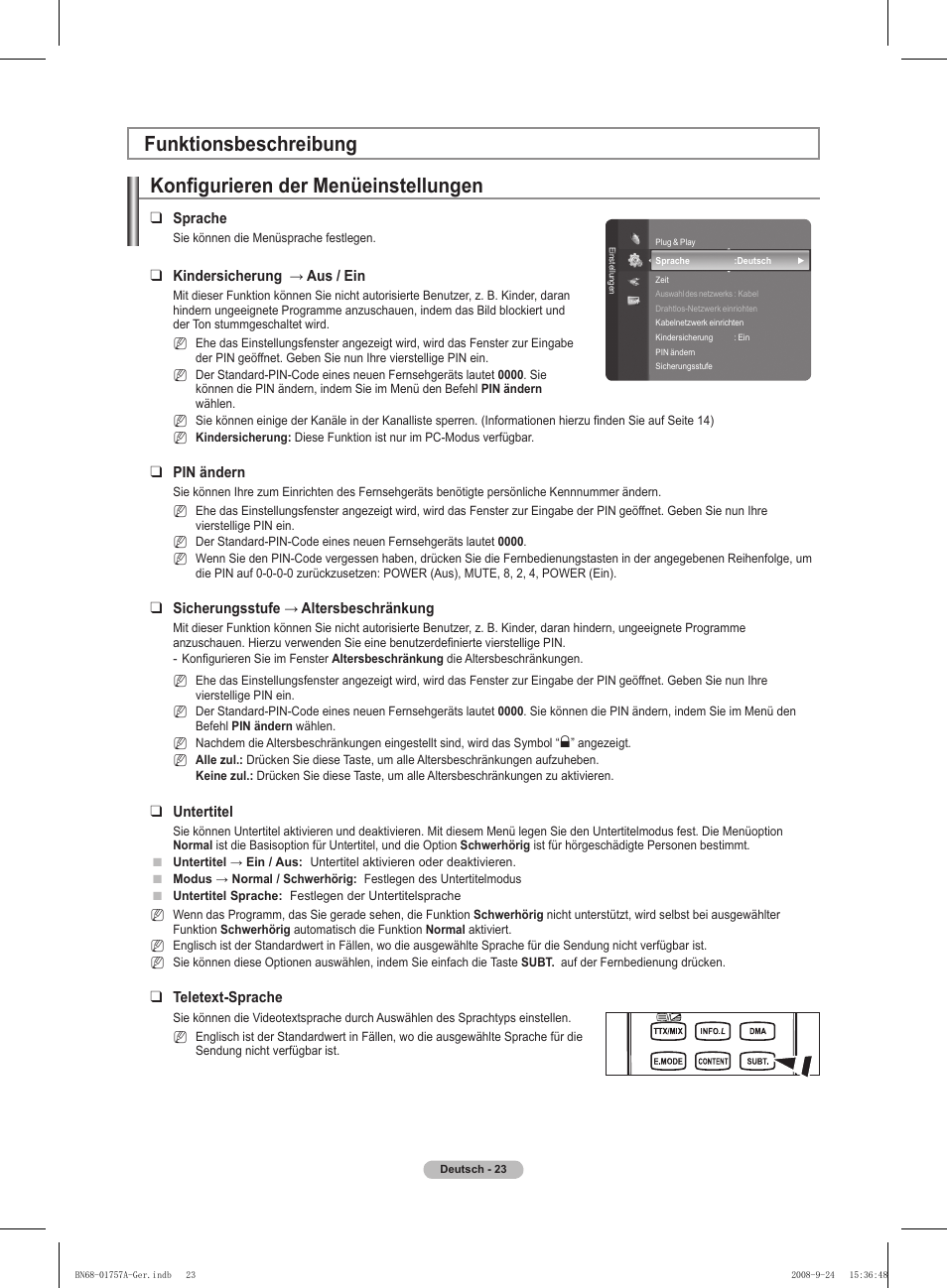 Konfigurieren der menüeinstellungen, Funktionsbeschreibung | Samsung PS63A756T1MXXC User Manual | Page 160 / 337