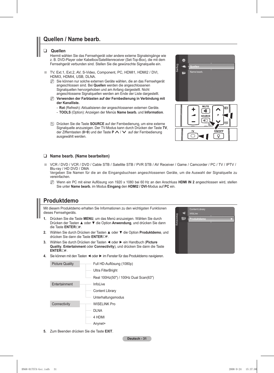 Quellen / name bearb, Produktdemo | Samsung PS63A756T1MXXC User Manual | Page 168 / 337