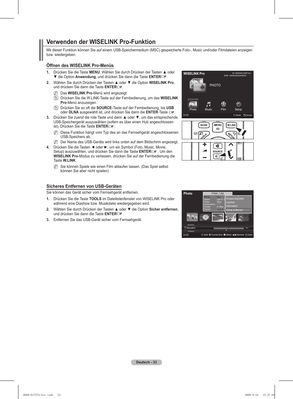 Verwenden der wiselink pro-funktion, Öffnen des wiselink pro-menüs, Sicheres entfernen von usb-geräten | Samsung PS63A756T1MXXC User Manual | Page 170 / 337