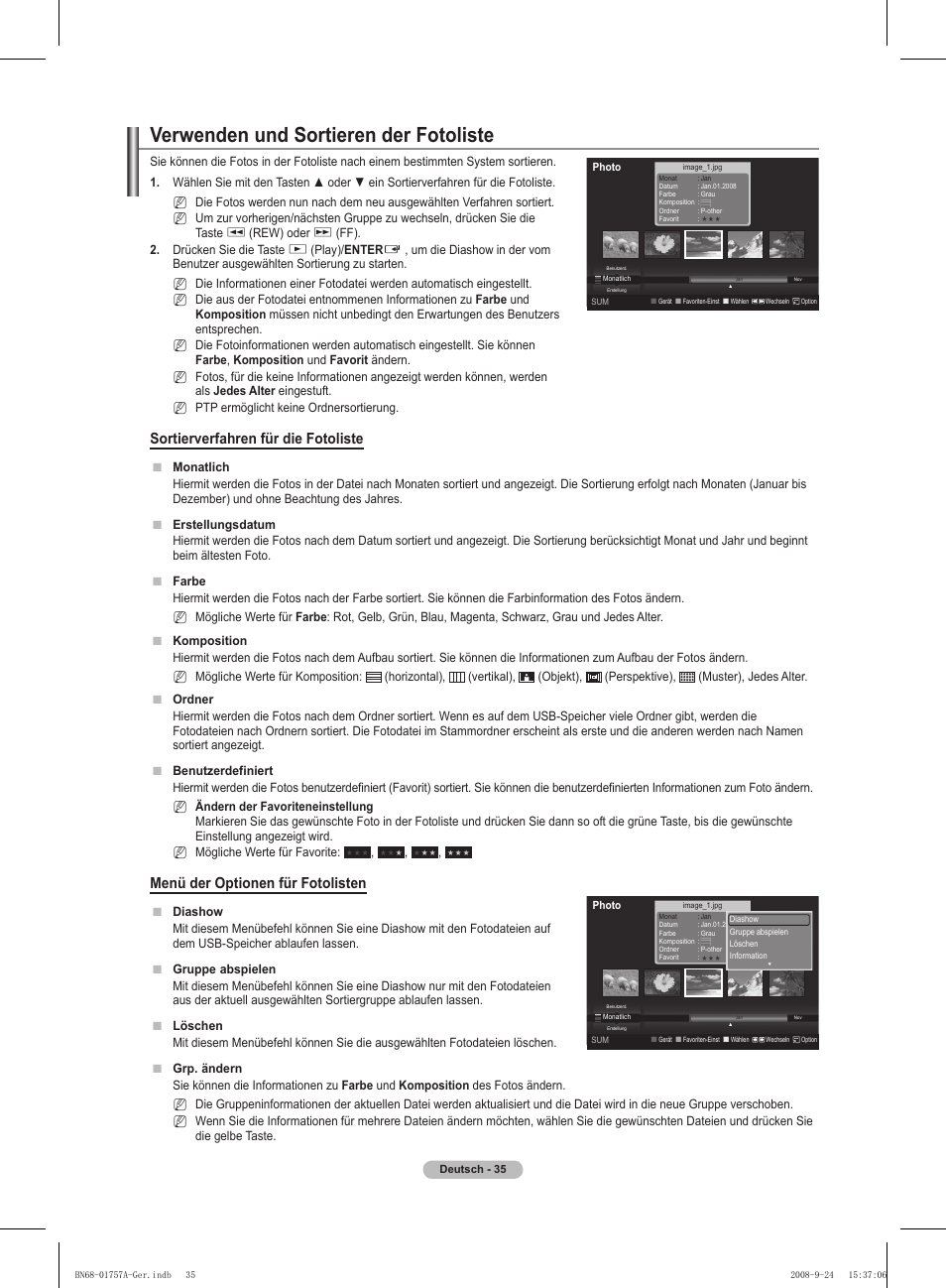 Verwenden und sortieren der fotoliste, Sortierverfahren für die fotoliste, Menü der optionen für fotolisten | Samsung PS63A756T1MXXC User Manual | Page 172 / 337