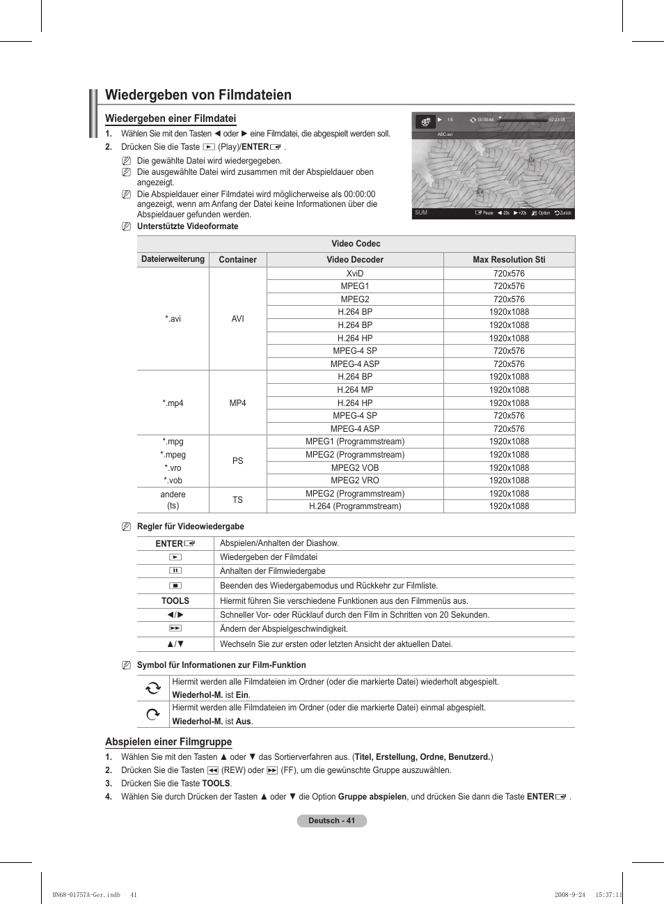 Wiedergeben von filmdateien, Wiedergeben einer filmdatei, Abspielen einer filmgruppe | Samsung PS63A756T1MXXC User Manual | Page 178 / 337