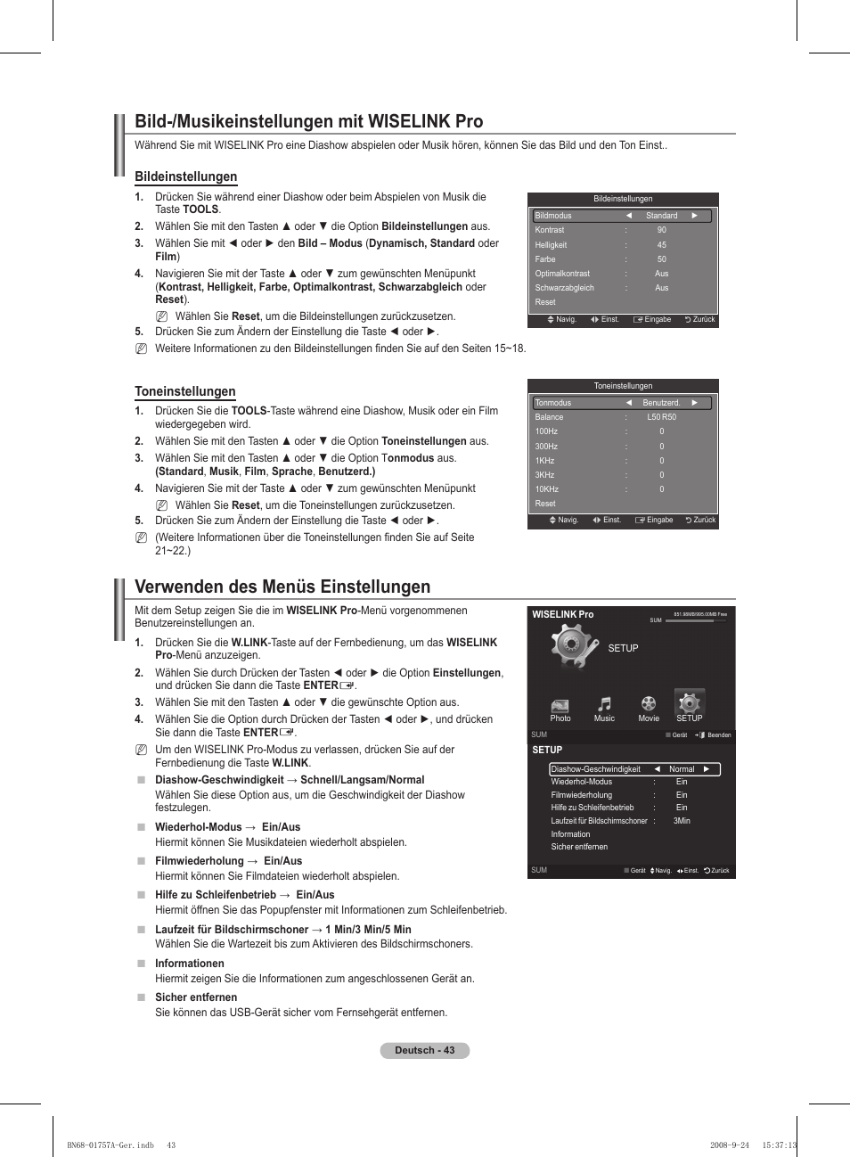 Bild-/musikeinstellungen mit wiselink pro, Verwenden des menüs einstellungen, Bildeinstellungen | Toneinstellungen | Samsung PS63A756T1MXXC User Manual | Page 180 / 337