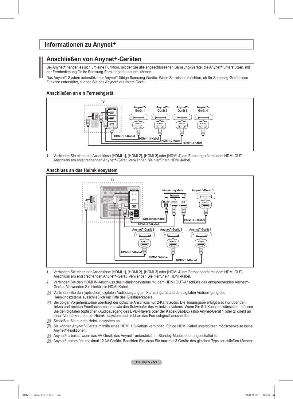 Anschließen von anynet+-geräten, Informationen zu anynet, Anschließen an ein fernsehgerät | Anschluss an das heimkinosystem | Samsung PS63A756T1MXXC User Manual | Page 190 / 337
