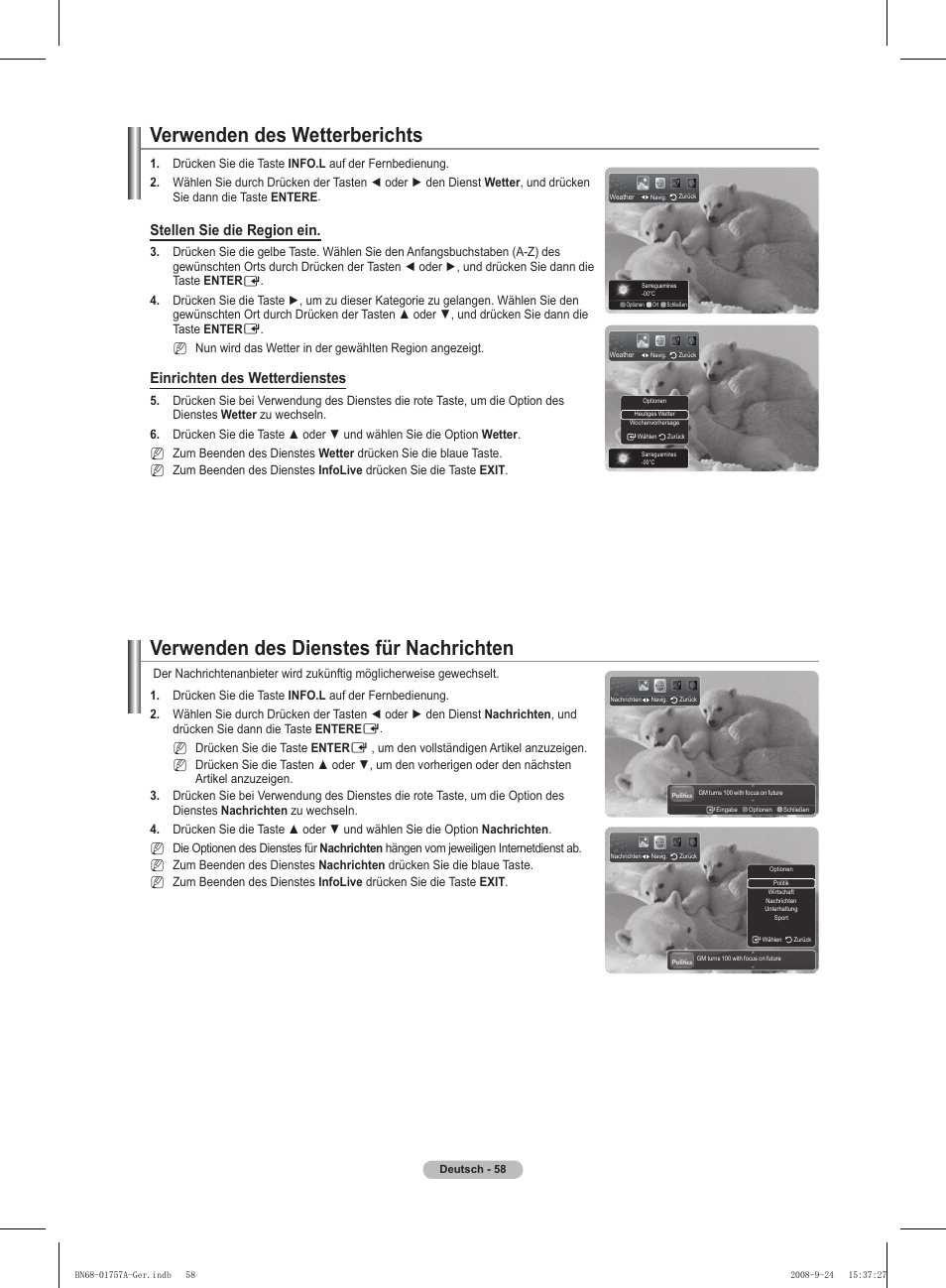 Verwenden des wetterberichts, Verwenden des dienstes für nachrichten, Stellen sie die region ein | Einrichten des wetterdienstes | Samsung PS63A756T1MXXC User Manual | Page 195 / 337