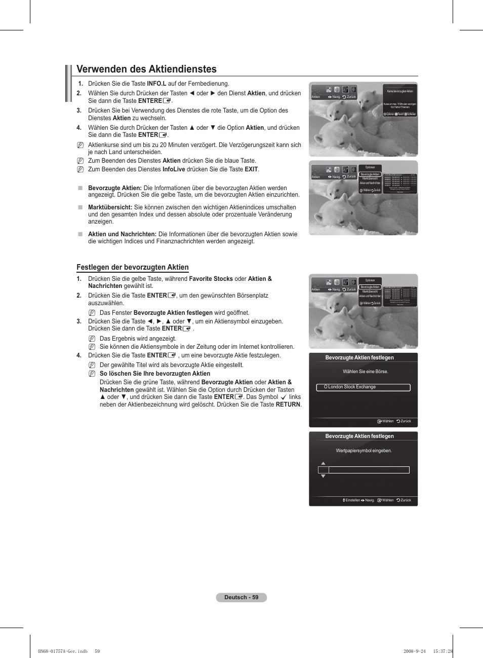 Verwenden des aktiendienstes, Festlegen der bevorzugten aktien, Nn n n n | Samsung PS63A756T1MXXC User Manual | Page 196 / 337