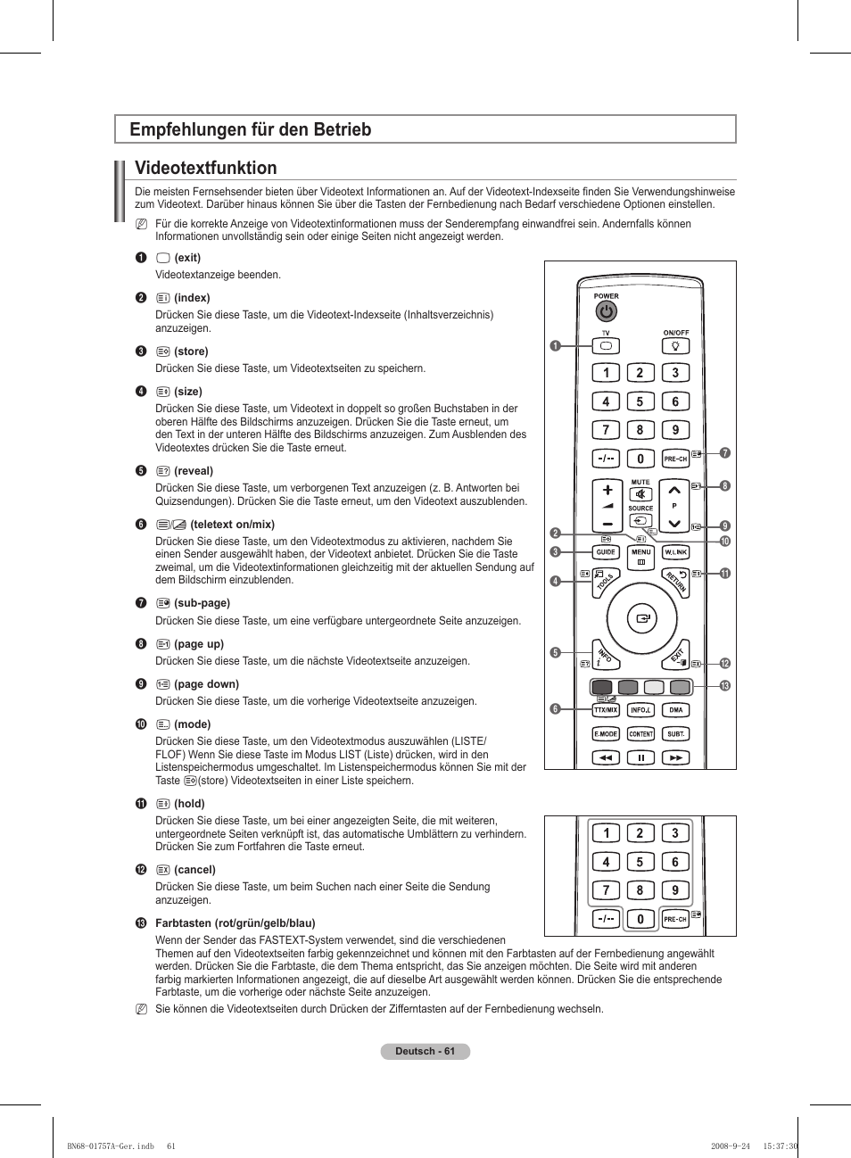 Empfehlungen für den betrieb videotextfunktion | Samsung PS63A756T1MXXC User Manual | Page 198 / 337