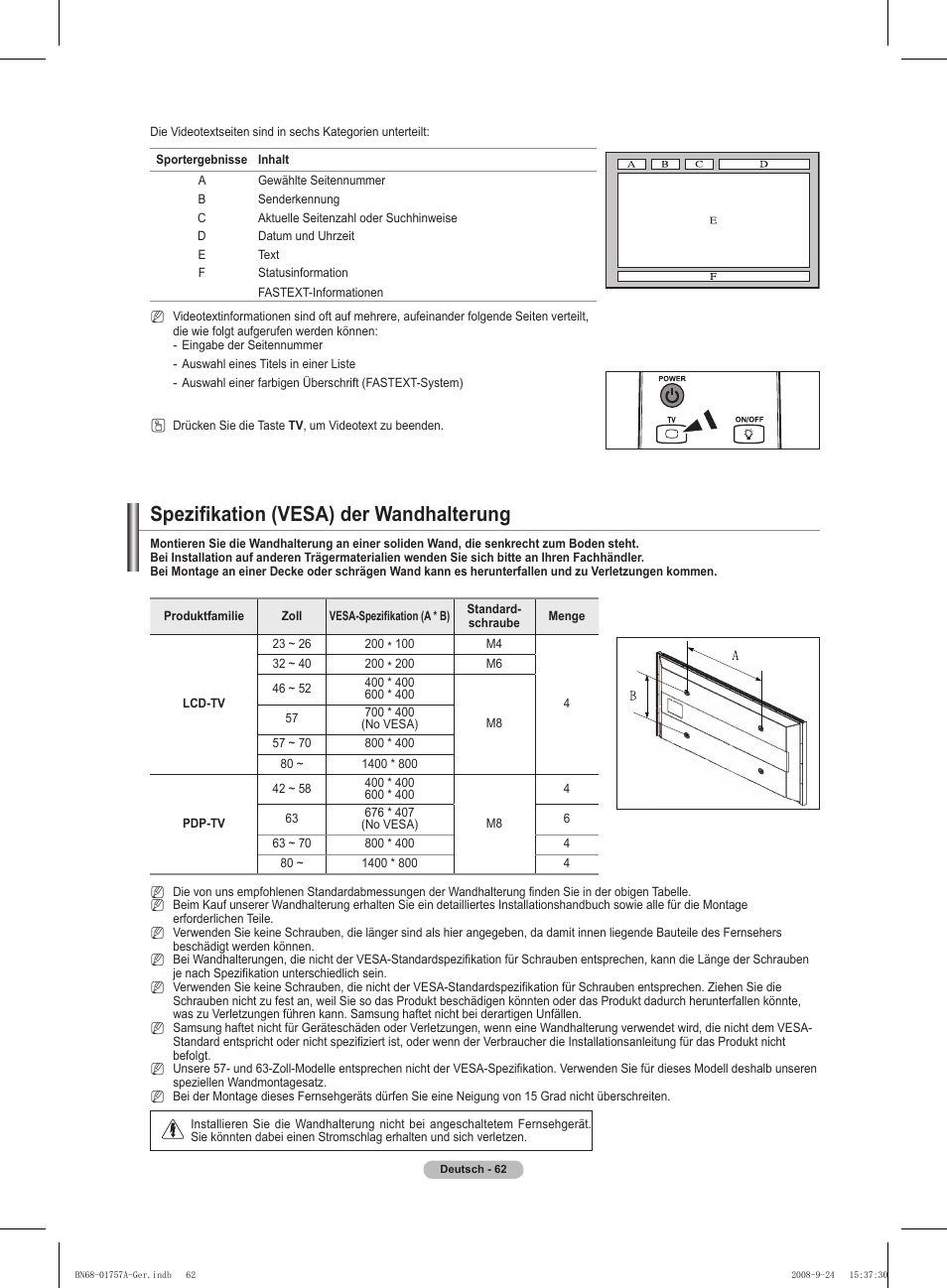 Spezifikation (vesa) der wandhalterung | Samsung PS63A756T1MXXC User Manual | Page 199 / 337