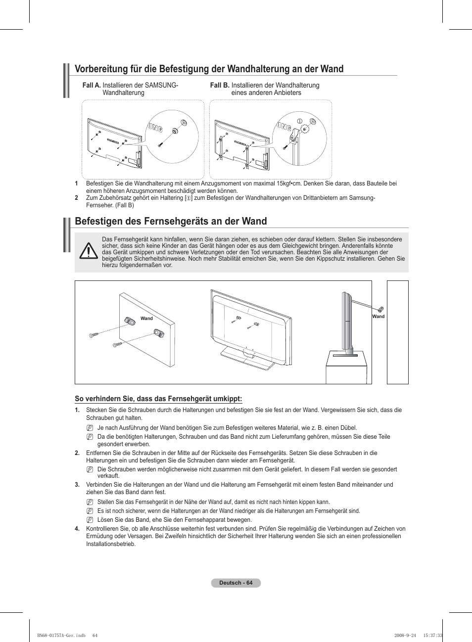 경고 주의 경고 주의, Befestigen des fernsehgeräts an der wand | Samsung PS63A756T1MXXC User Manual | Page 201 / 337