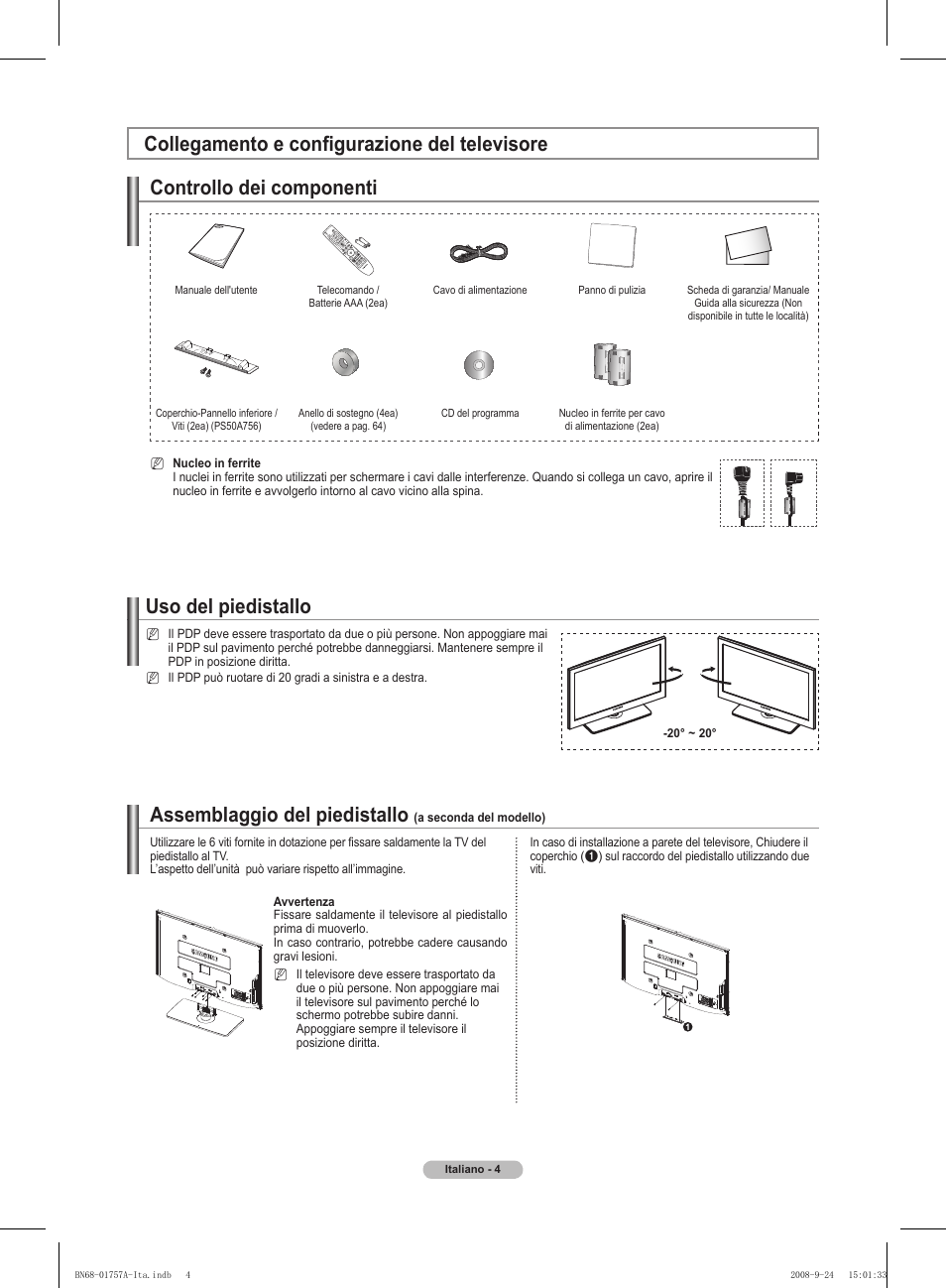 Uso del piedistallo, Assemblaggio del piedistallo | Samsung PS63A756T1MXXC User Manual | Page 207 / 337