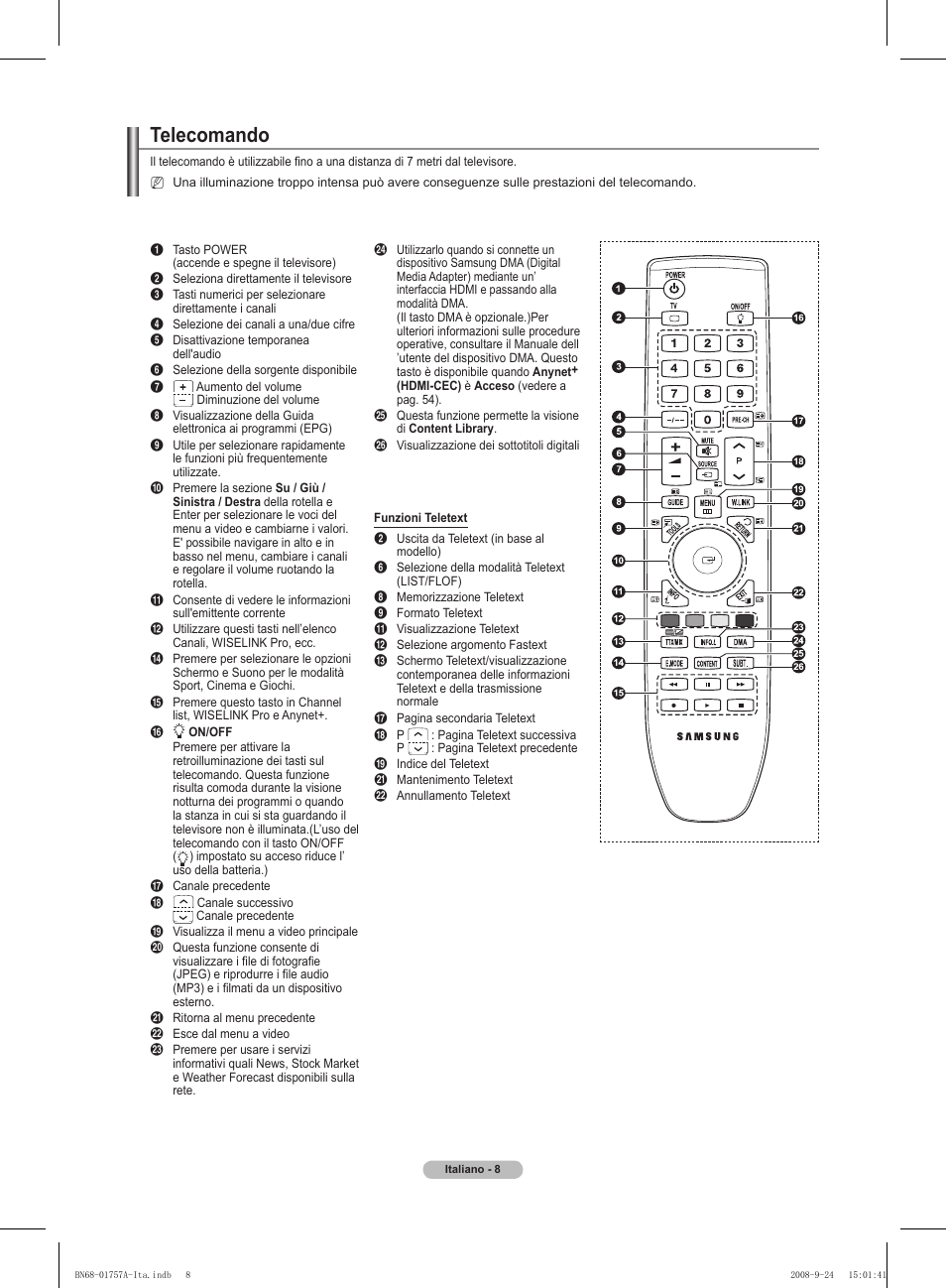 Telecomando | Samsung PS63A756T1MXXC User Manual | Page 211 / 337